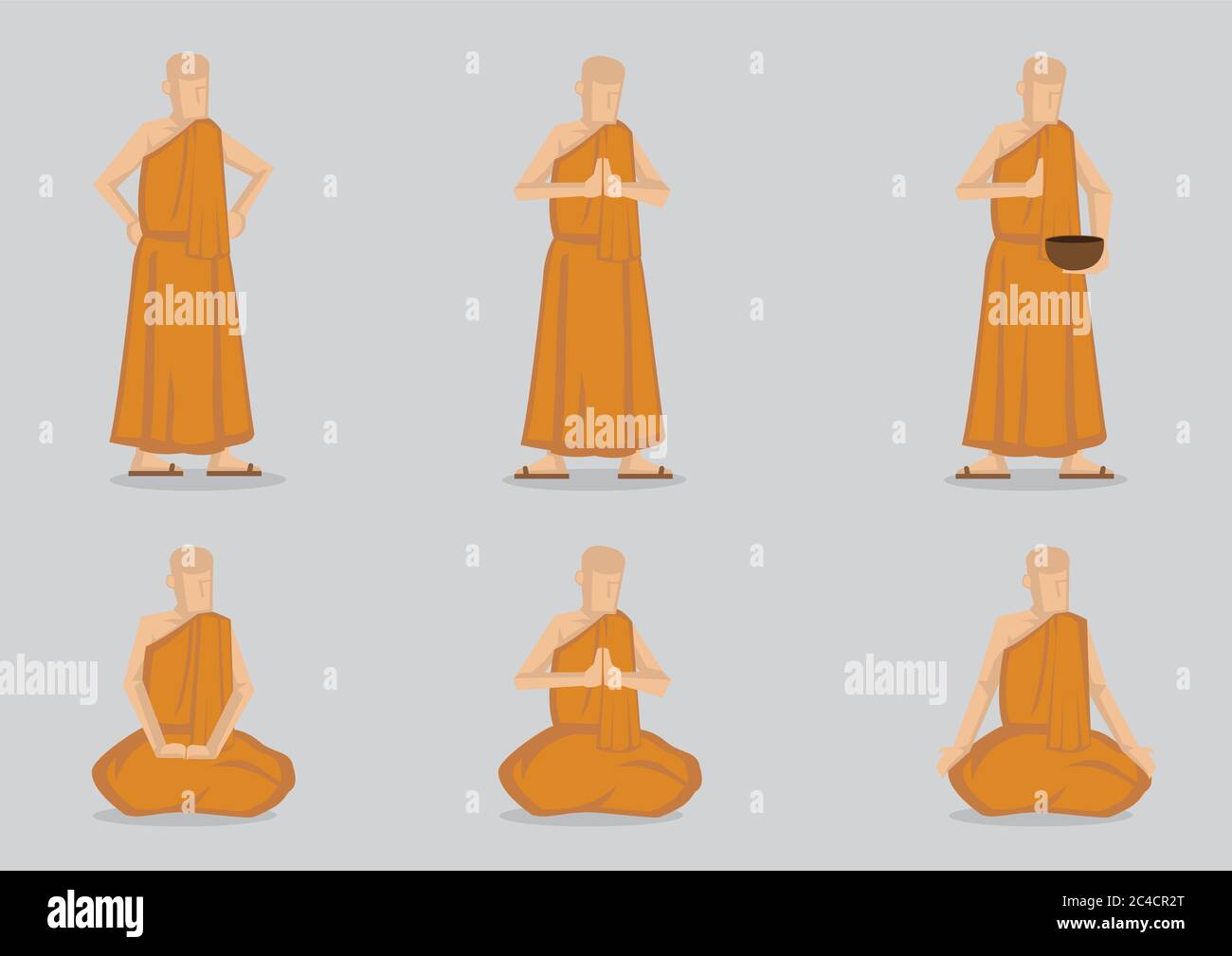 Monks wearing simple yellow robe in saying prayer and meditating in standing and sitting positions. Set of six vector cartoon illustration isolated on Stock Vector