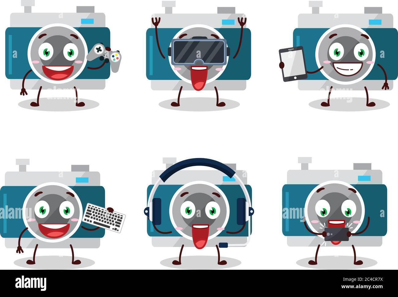 camera pocket cartoon character are playing games with various cute emoticons Stock Vector