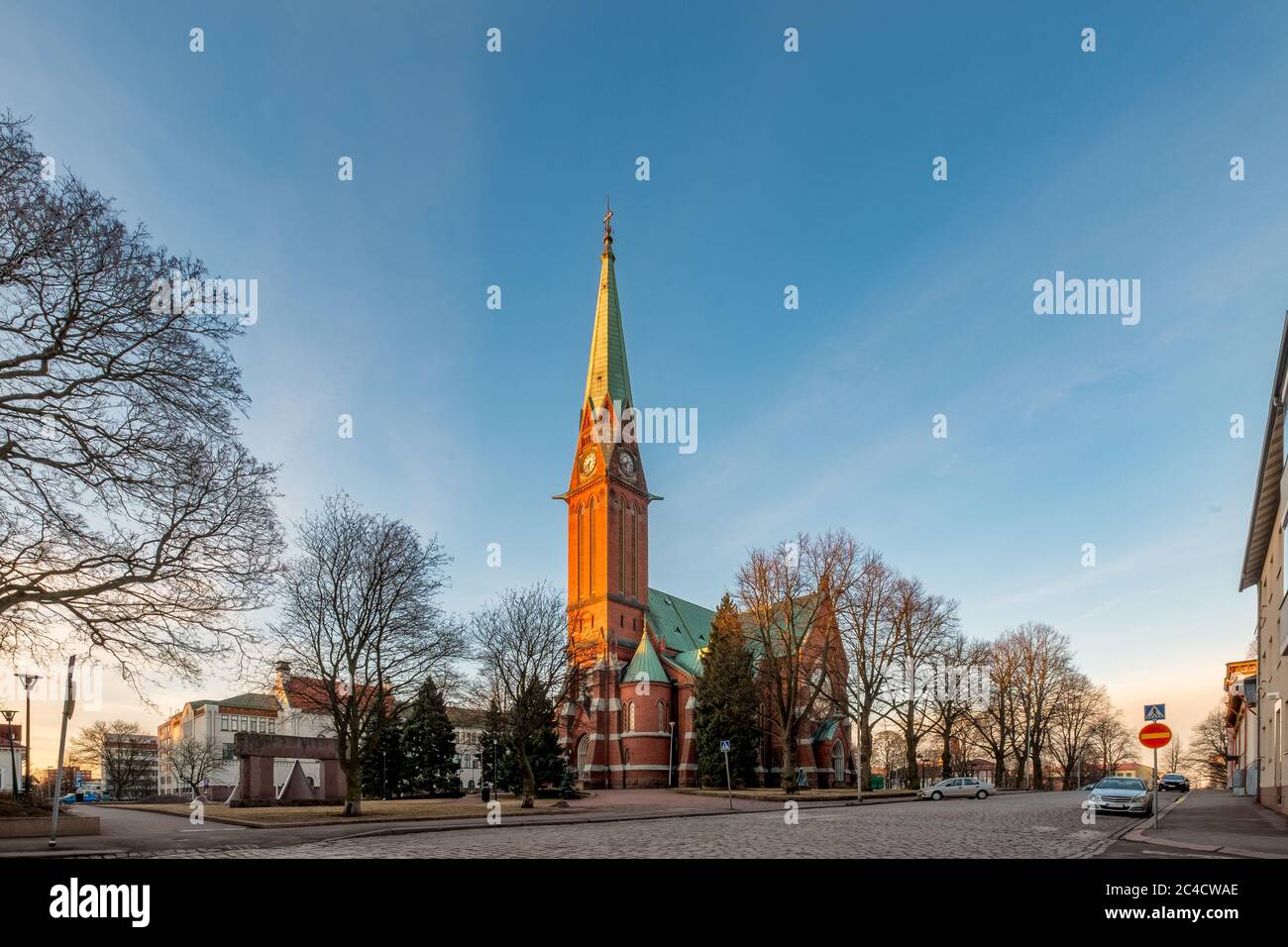 Kotka Lutheran Church, Finland. The neo-gothic building of a church. Morning cityscape in the city of Kotka in Finland. Stock Photo