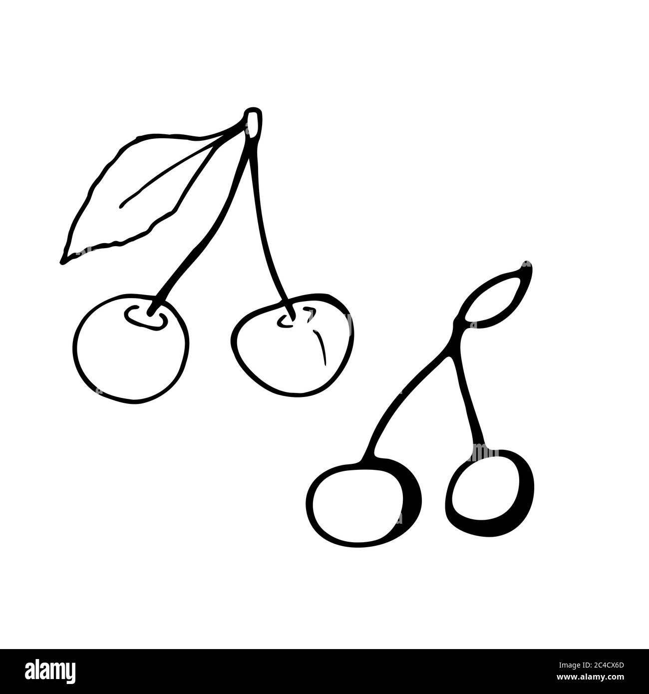 Cherry with stem and leaf. Hand drawn outline doodle icon. Transparent isolated on white background. Vector illustration for greeting cards, posters Stock Vector