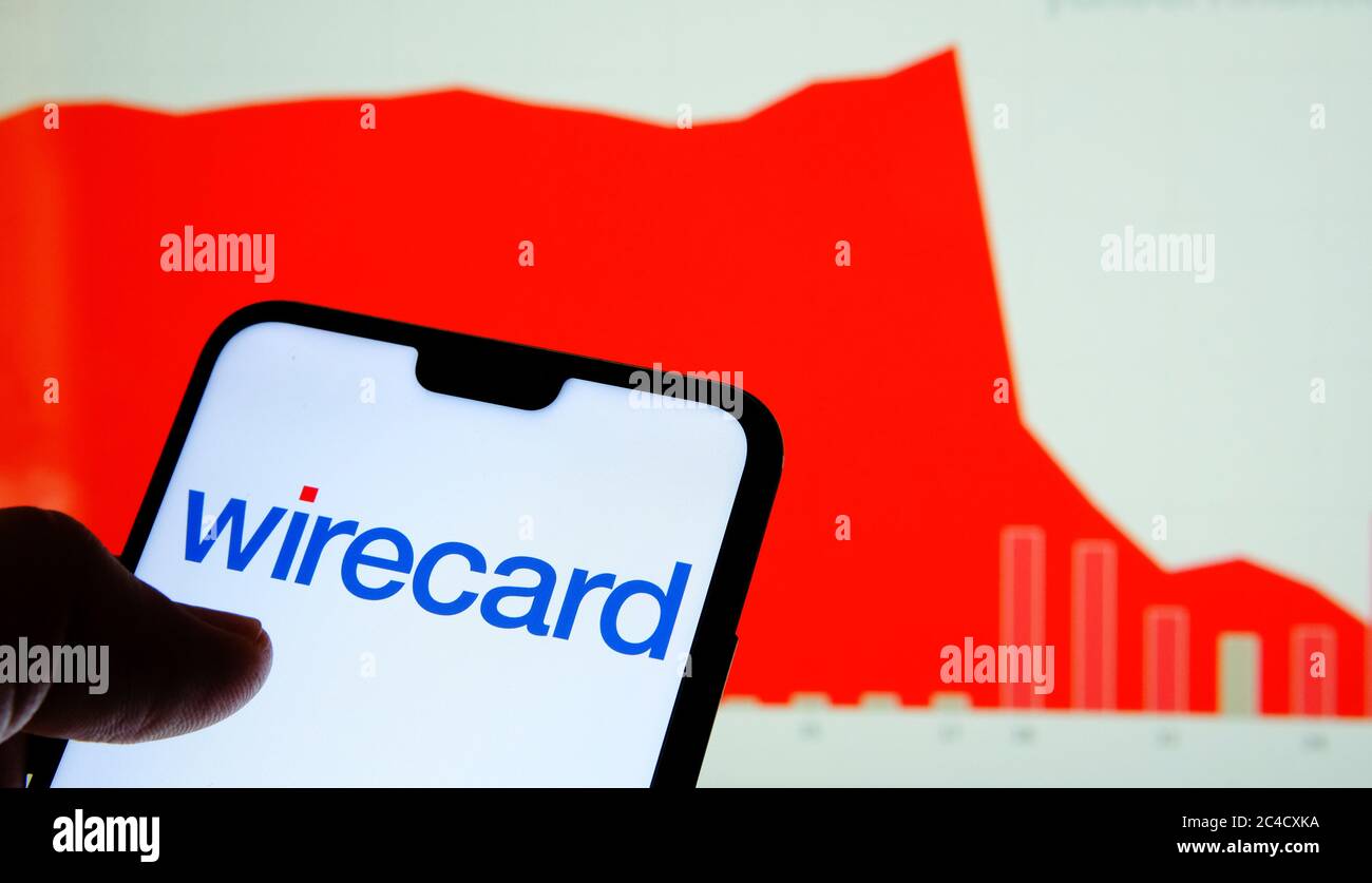 Wirecard logo on smartphone and Wirecard AG stock price graph (3 month period, as of June 26 2020) on blurred background. Not a montage. Stock Photo
