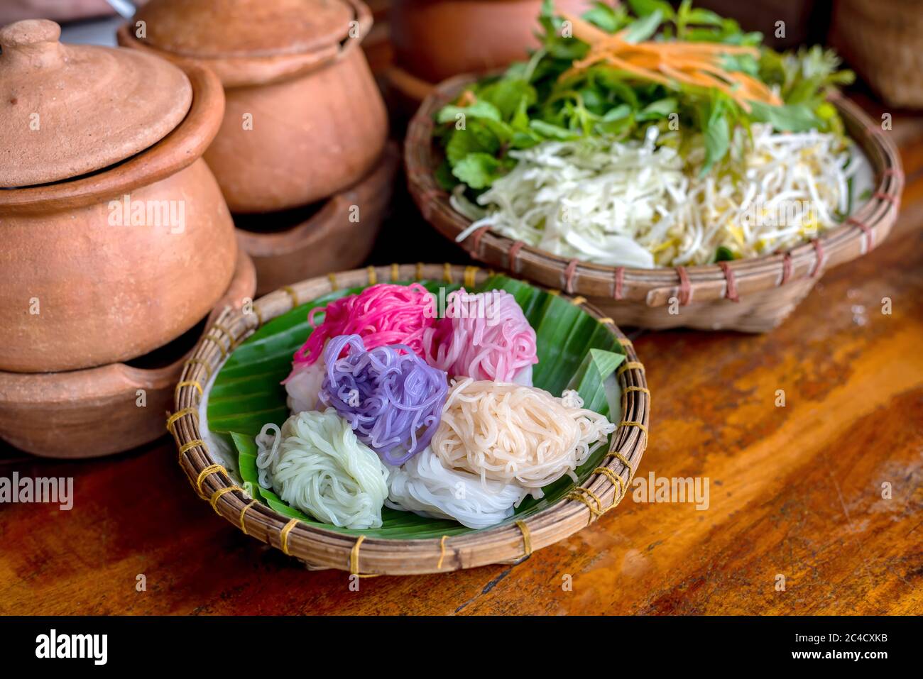 Thai food, Rice Noodle eaten with curry and fresh vegetable. or