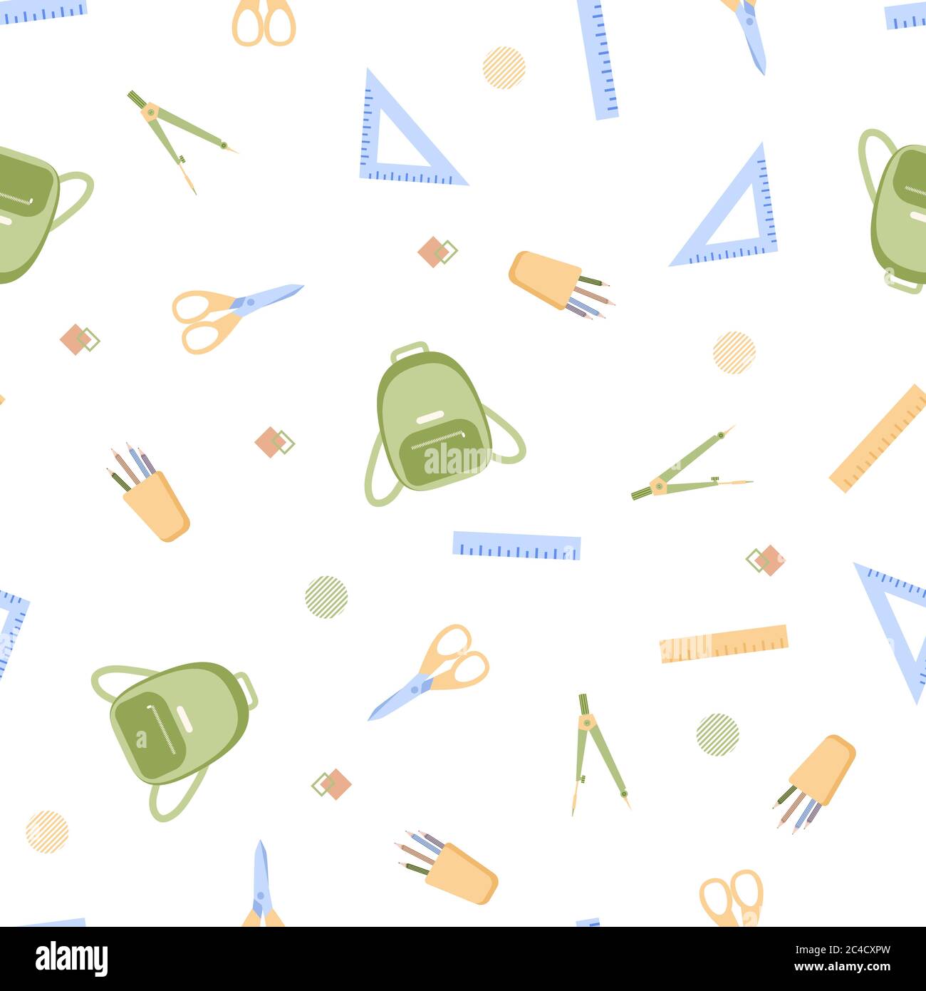 Seamless pattern with various school supplies on a white background ...