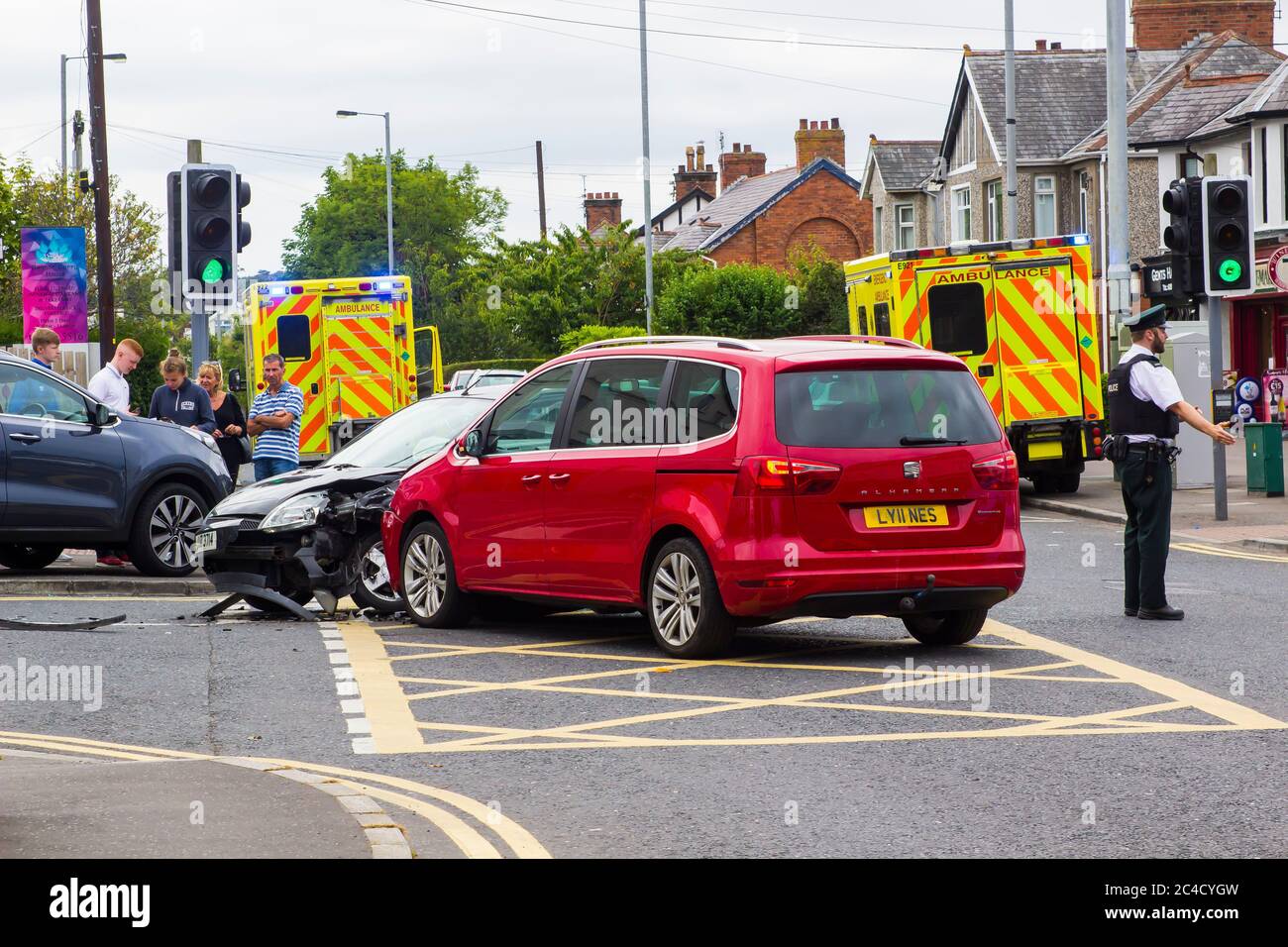 7 December 2018 A multi vehicle road traffic accident at Ballyholme in Bangor County Down Northern Ireland with two ambulances in attendance. details Stock Photo