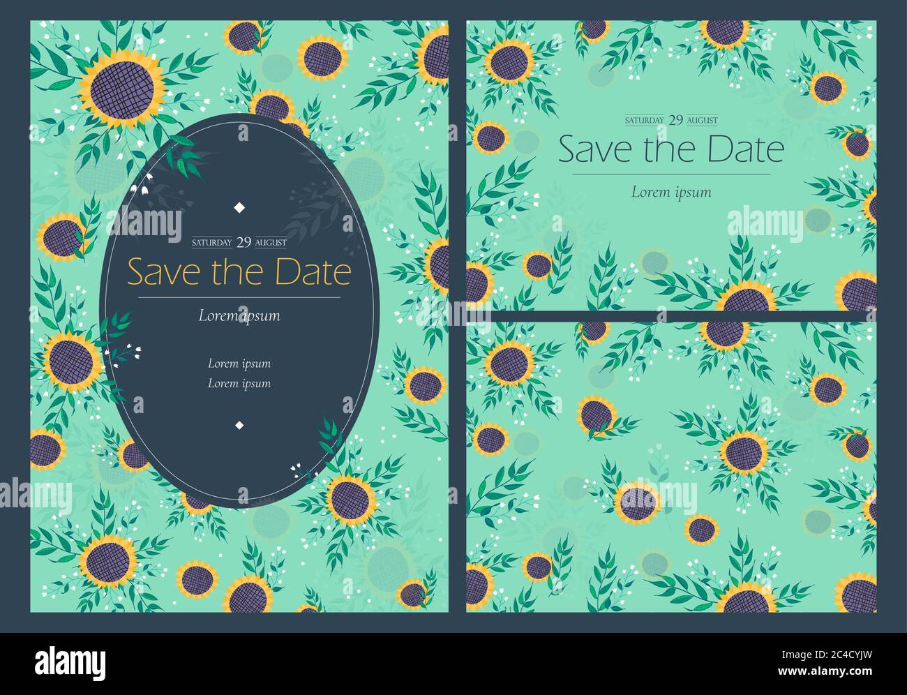 Floral poster, invite. Sunflower, wildflower and green twig composition ...