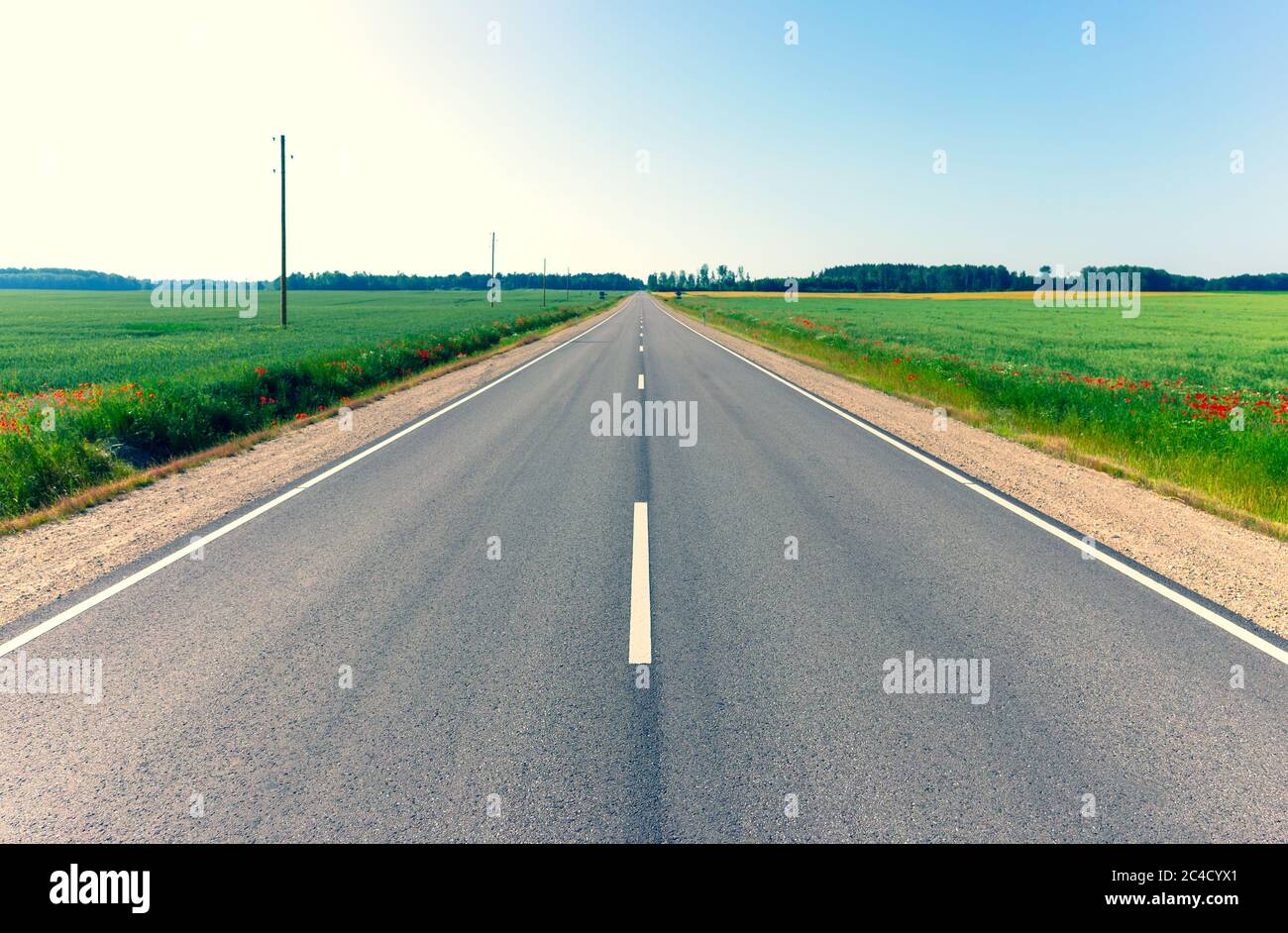 Asphalt road between agricultural fields of Latvia Stock Photo