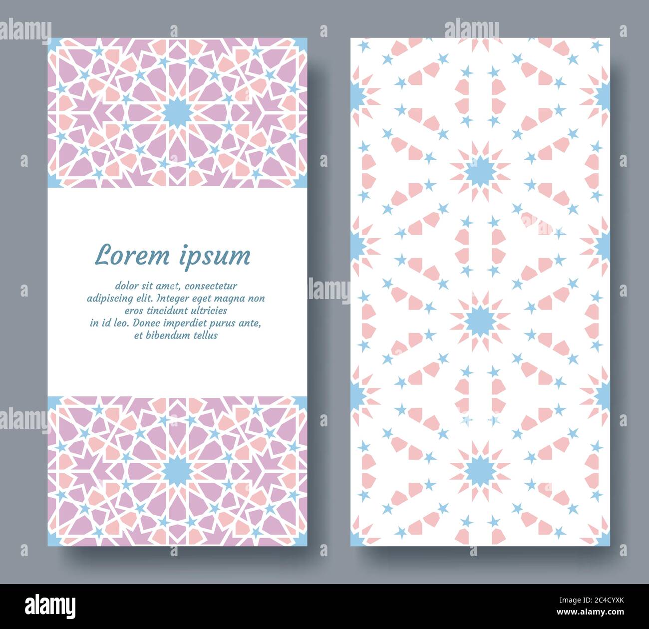 Arabesque double card design for invitation, celebration, save the date, wedding performed in arabesque geometric flowers. Vector card template Stock Vector