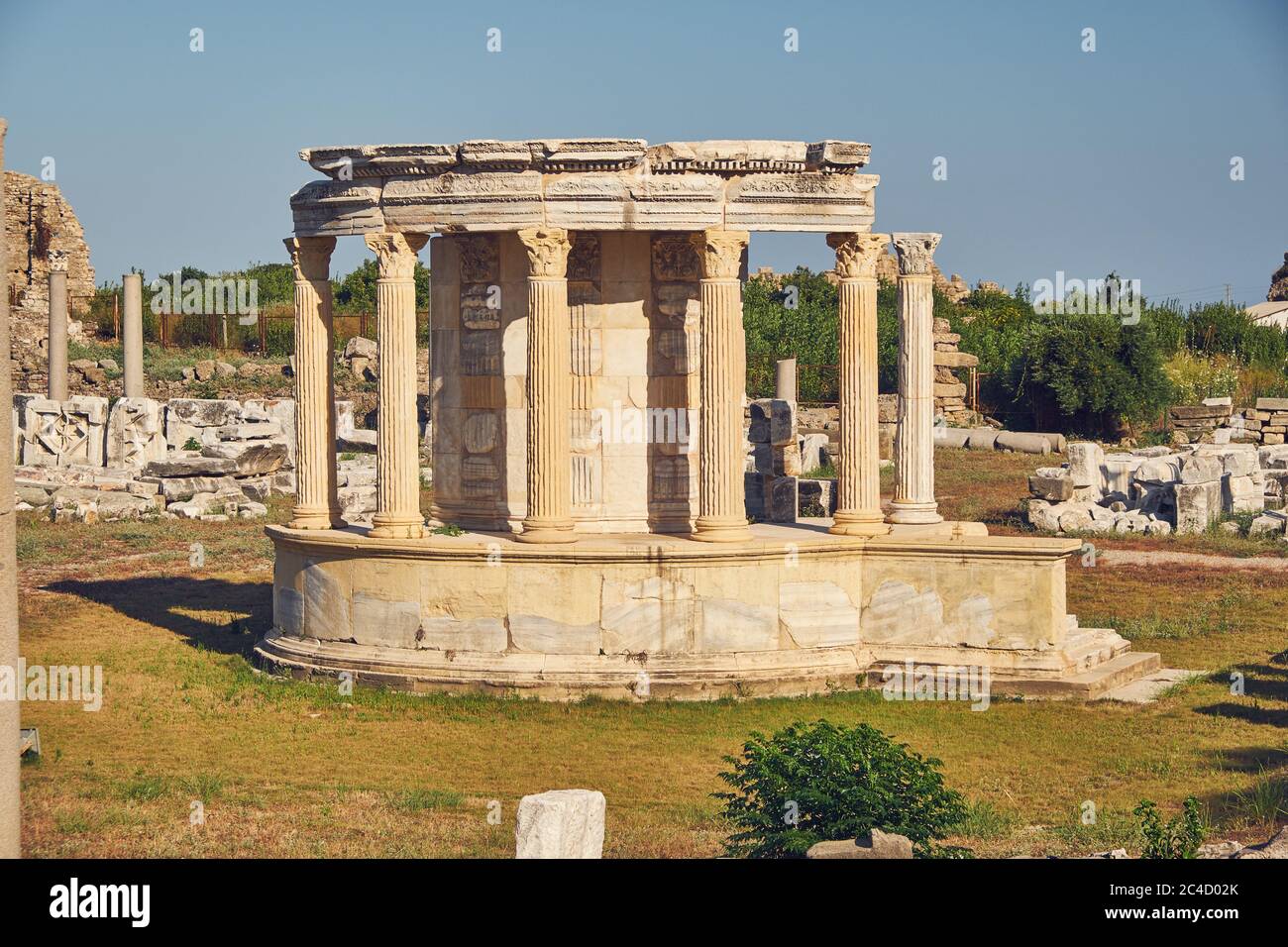 The ruins of the ancient city of Side. Side is an ancient Greek city on the southern Mediterranean coast of Turkey. Stock Photo