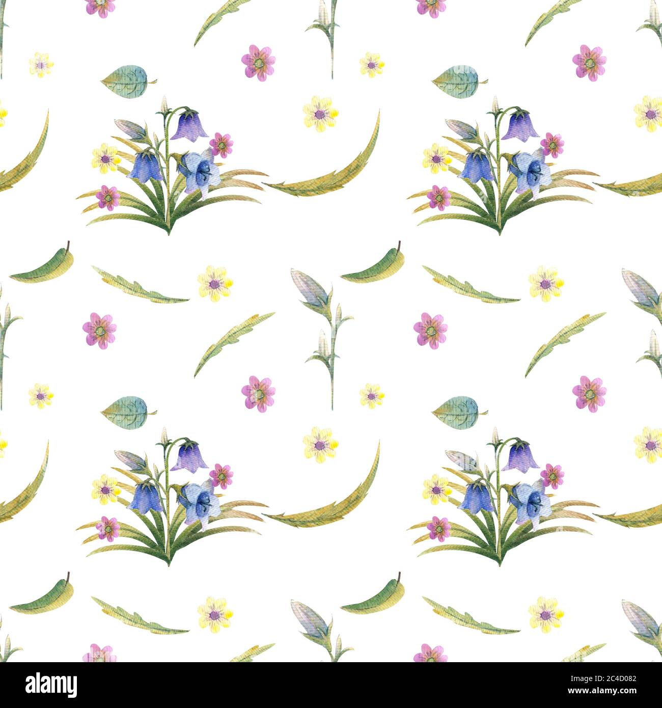 Seamless pattern with spring flowers and leaves. Hand drawn background ...