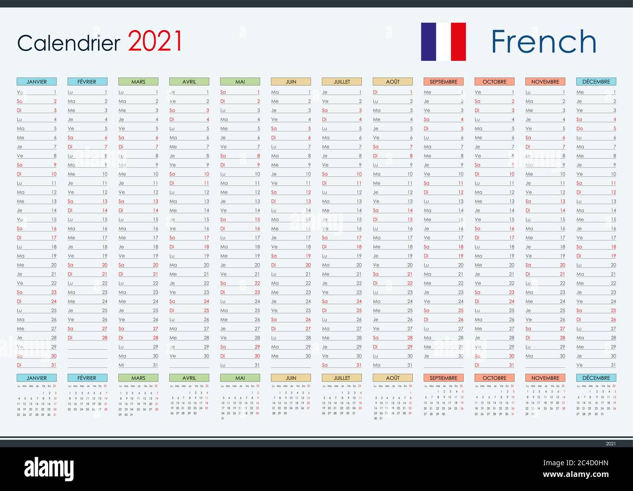 21 Wall Planner In French Yearly Calendar And Organizer Simple Layout In Color Template For The Company And Family 12 Vertical Months Stock Vector Image Art Alamy