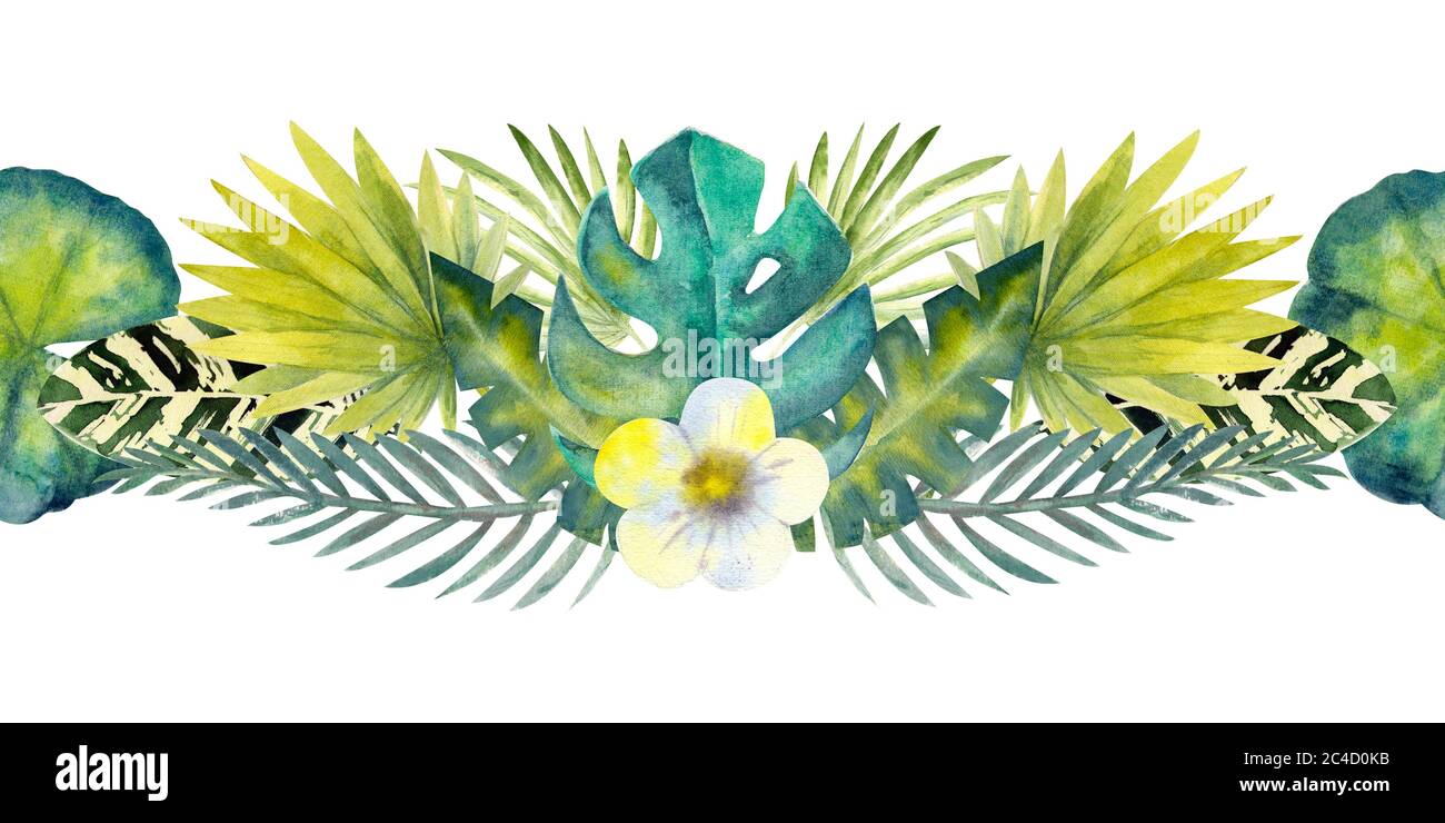 Tropical Leaves Repetition Of Summer Horizontal Border Floral Watercolor Watercolor Compositions For The Design Of Greeting Cards Or Invitations Stock Photo Alamy