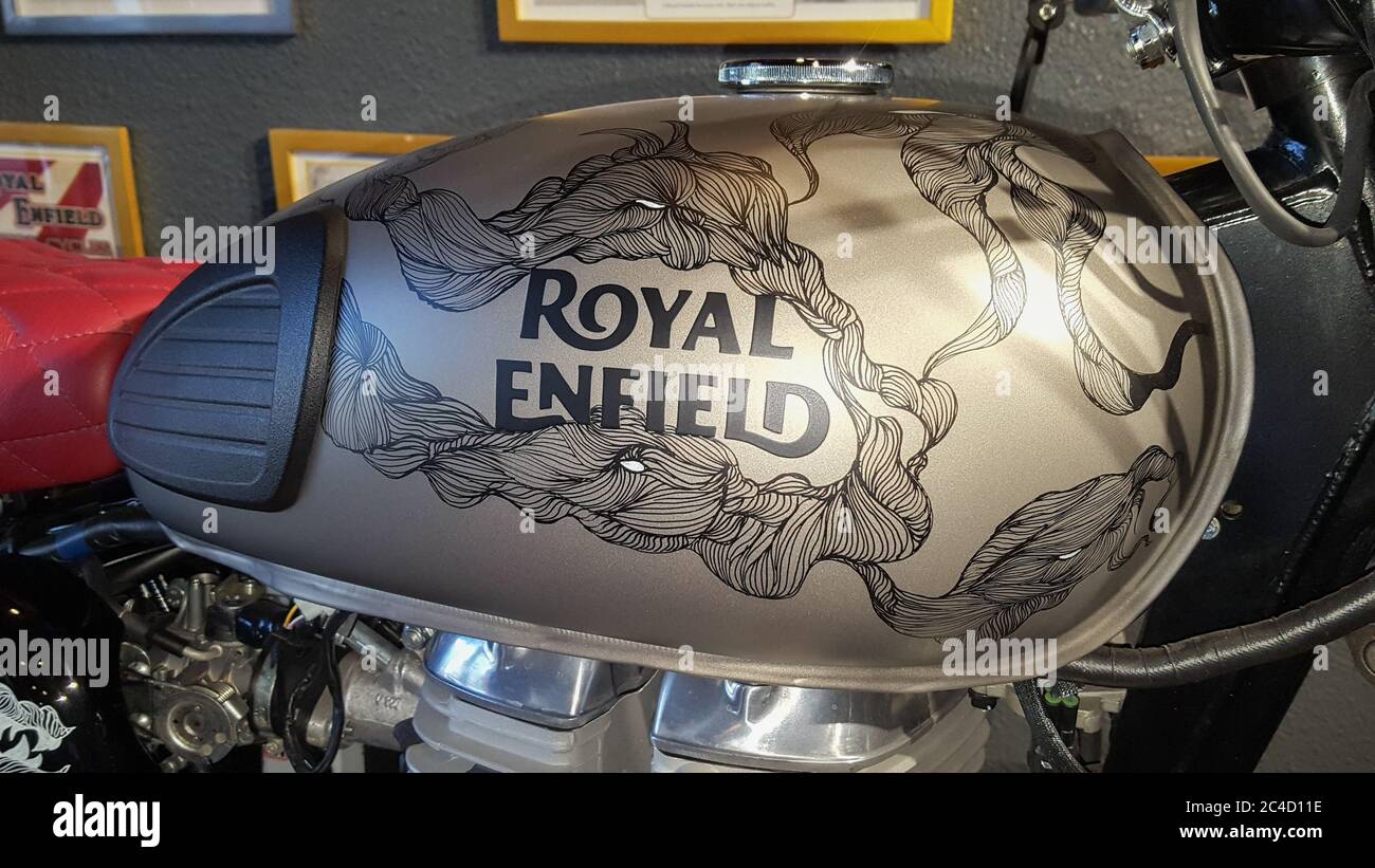 Bordeaux , Aquitaine / France - 06 20 2020 : Royal Enfield logo on grey Fuel tank of motorbike Indian manufactured of motorcycle Stock Photo