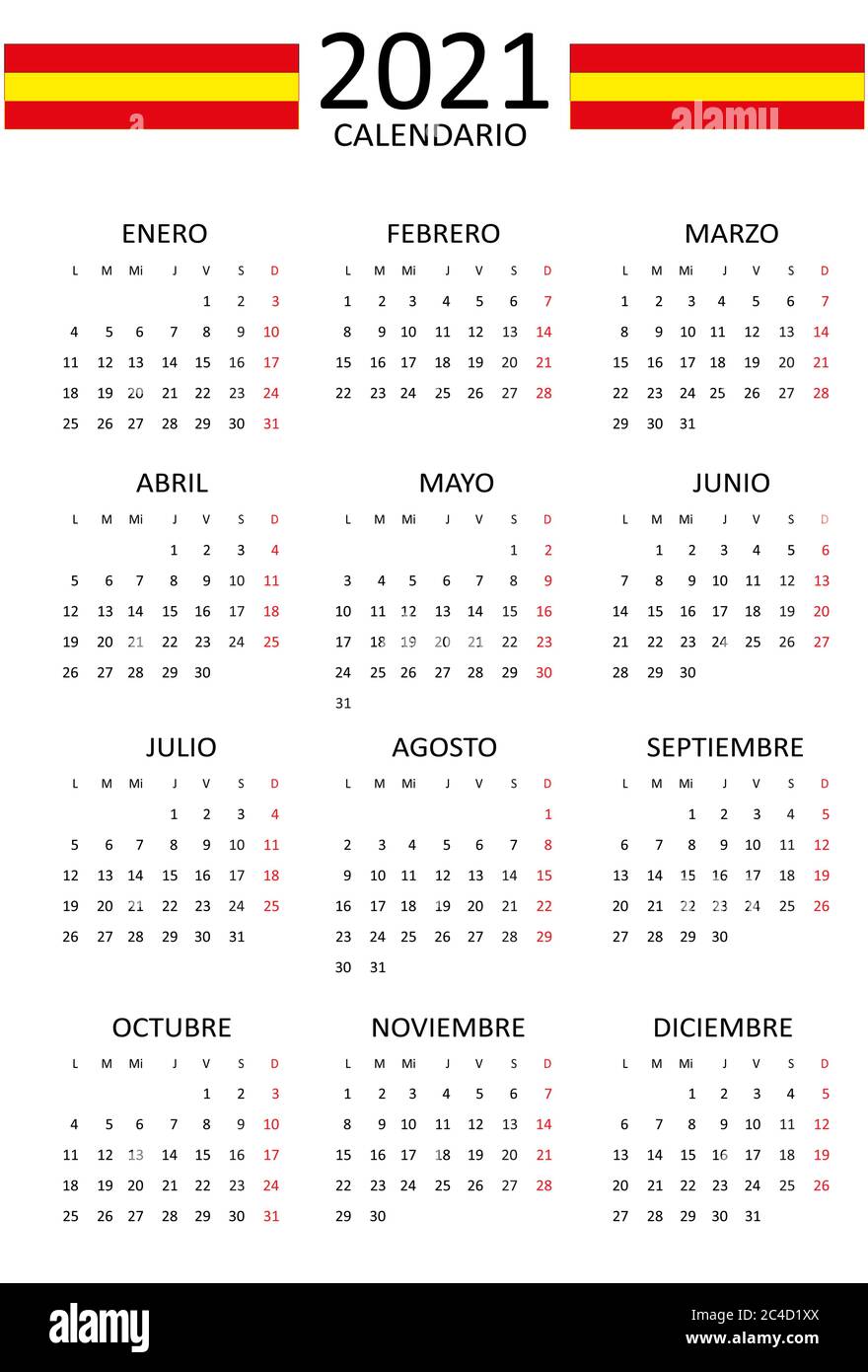 Spanish calendar for 2021. 12 months on one page. Weekend start from Monday. Clean and transparent style. Monochrome Calendar Layout. Red Sunday. Stock Vector