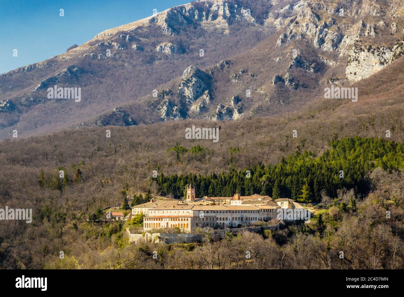 Trisulti Charterhouse is a former Carthusian e Cistercian monastery, in Collepardo, province of Frosinone, Lazio, central Italy. View of the isolated Stock Photo