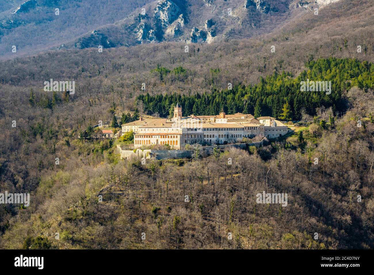 Trisulti Charterhouse is a former Carthusian e Cistercian monastery, in Collepardo, province of Frosinone, Lazio, central Italy. View of the isolated Stock Photo