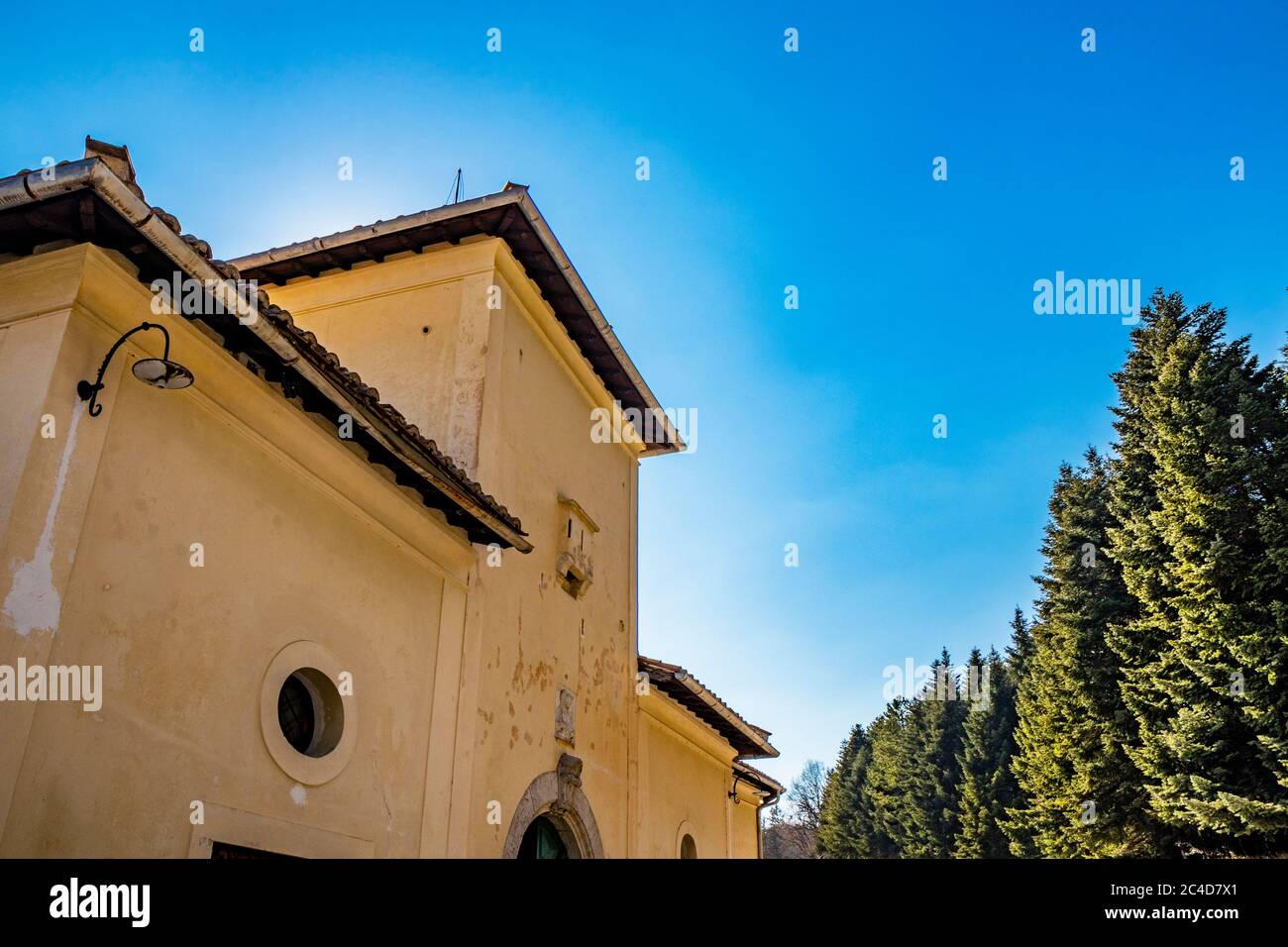 Trisulti Charterhouse is a former Carthusian e Cistercian monastery, in Collepardo, province of Frosinone, Lazio, central Italy. The entrance to the a Stock Photo