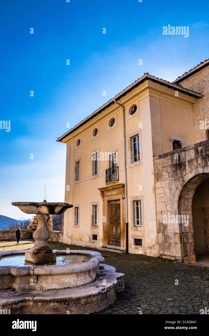 March 24, 2019 - Collepardo, Frosinone, Lazio, Italy - Trisulti Charterhouse, Carthusian monastery. The courtyard of the abbey with the ancient librar Stock Photo