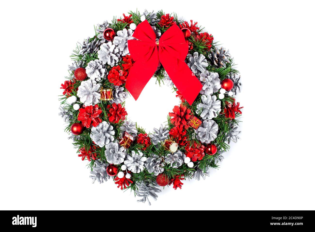 Christmas wreath with red bow and colored cones in gray and red color ...
