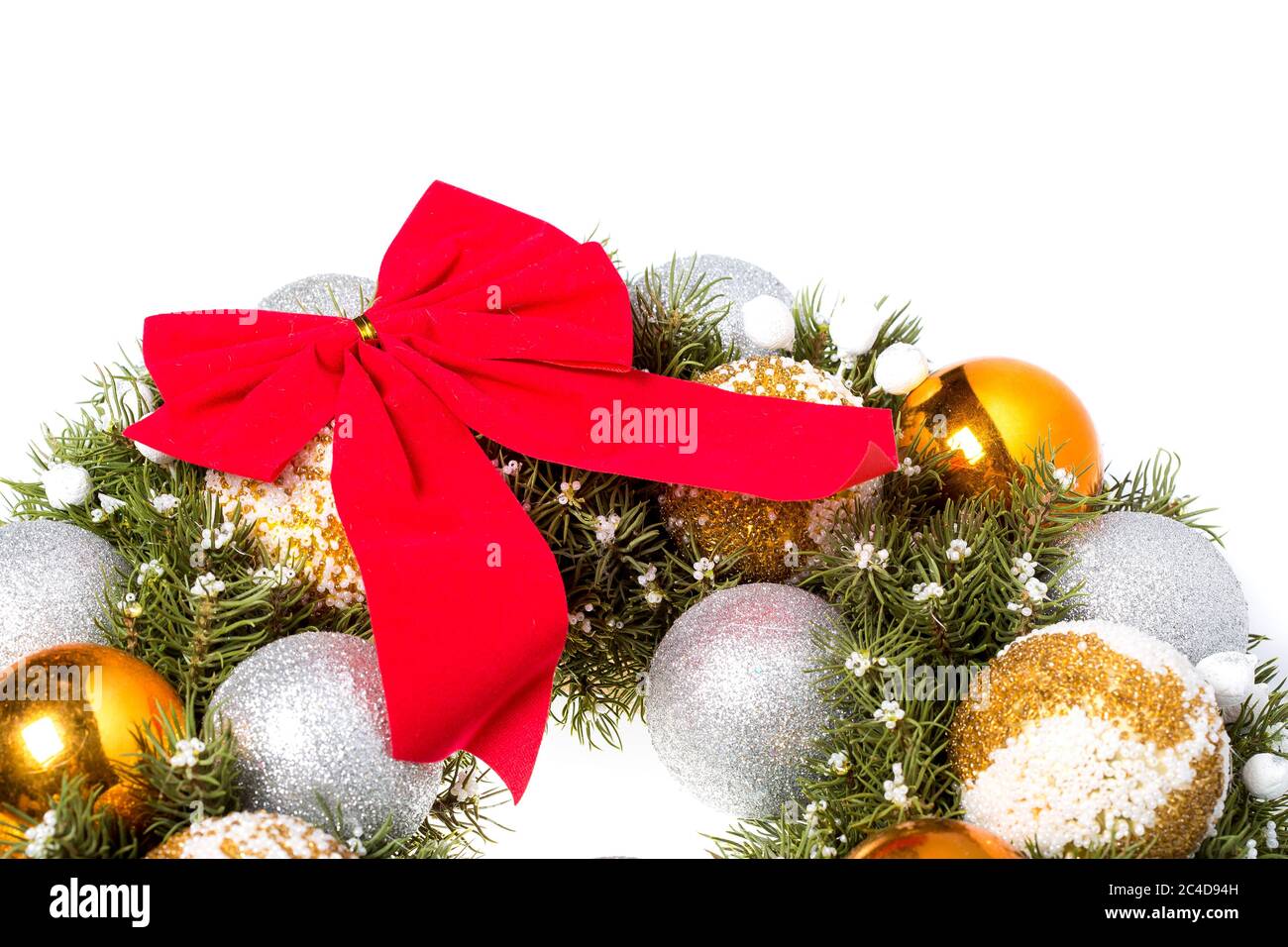 Christmas wreath postcard with red bow and christmas toys balls made of ...