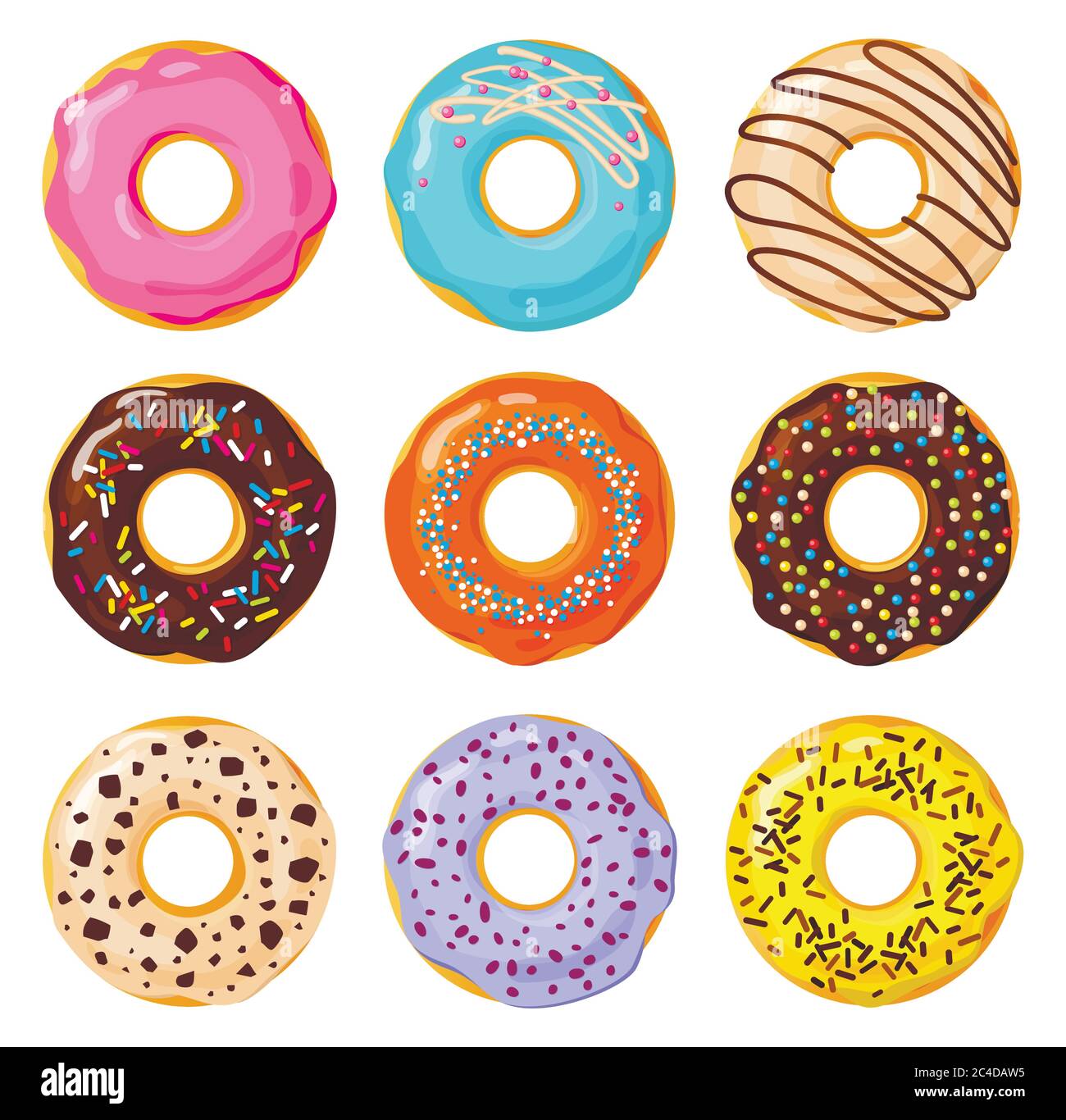 Set of colorful donuts on white background, flat vector illustration ...