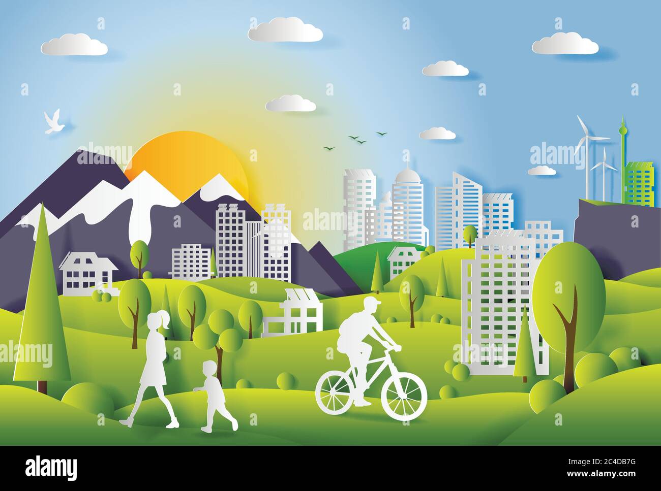 Concept of ecology city with technologies of future and urban innovations, paper cut design vector illustration Stock Vector