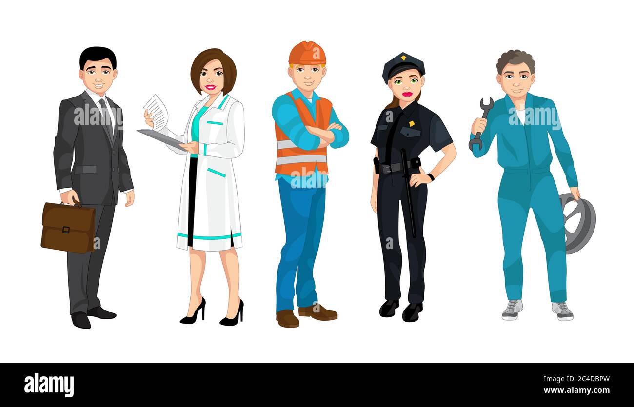 Set of people related to the different professions such as policeman, builder, businessman, doctor and auto mechanic, vector illustration Stock Vector