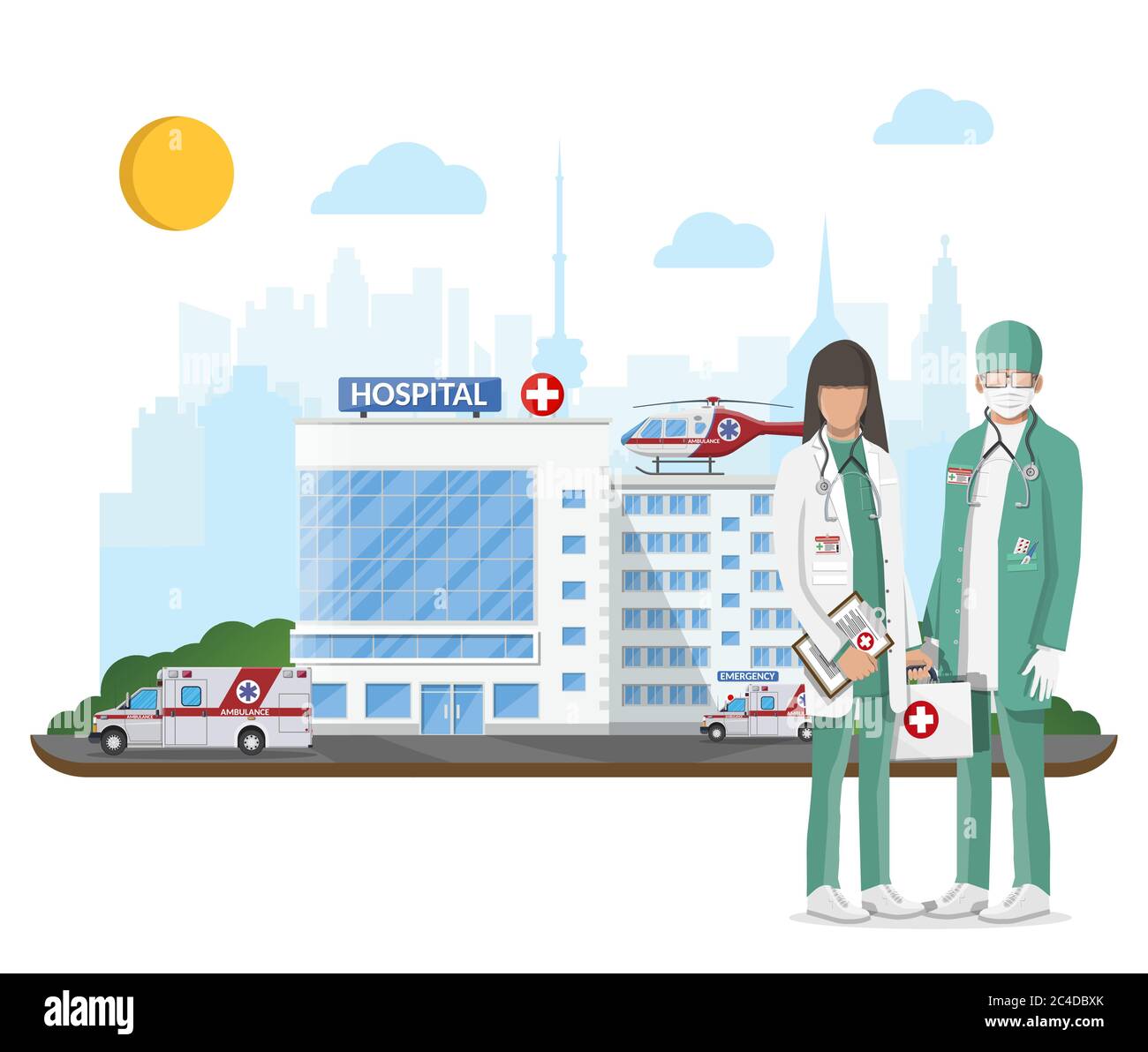 Ambulance staff concept. Hospital building, medical icon. Healthcare, hospital and medical diagnostics. Urgency and emergency services. Road, sky, tree. Car and helicopter. Flat vector illustration Stock Vector