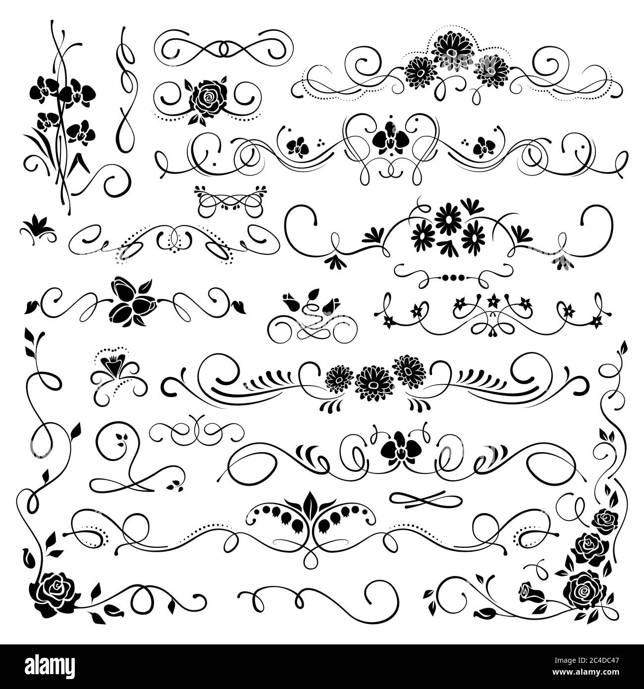 Set of ornamental filigree flourishes and thin dividers on white background. Classical vintage elements, vector illustration Stock Vector