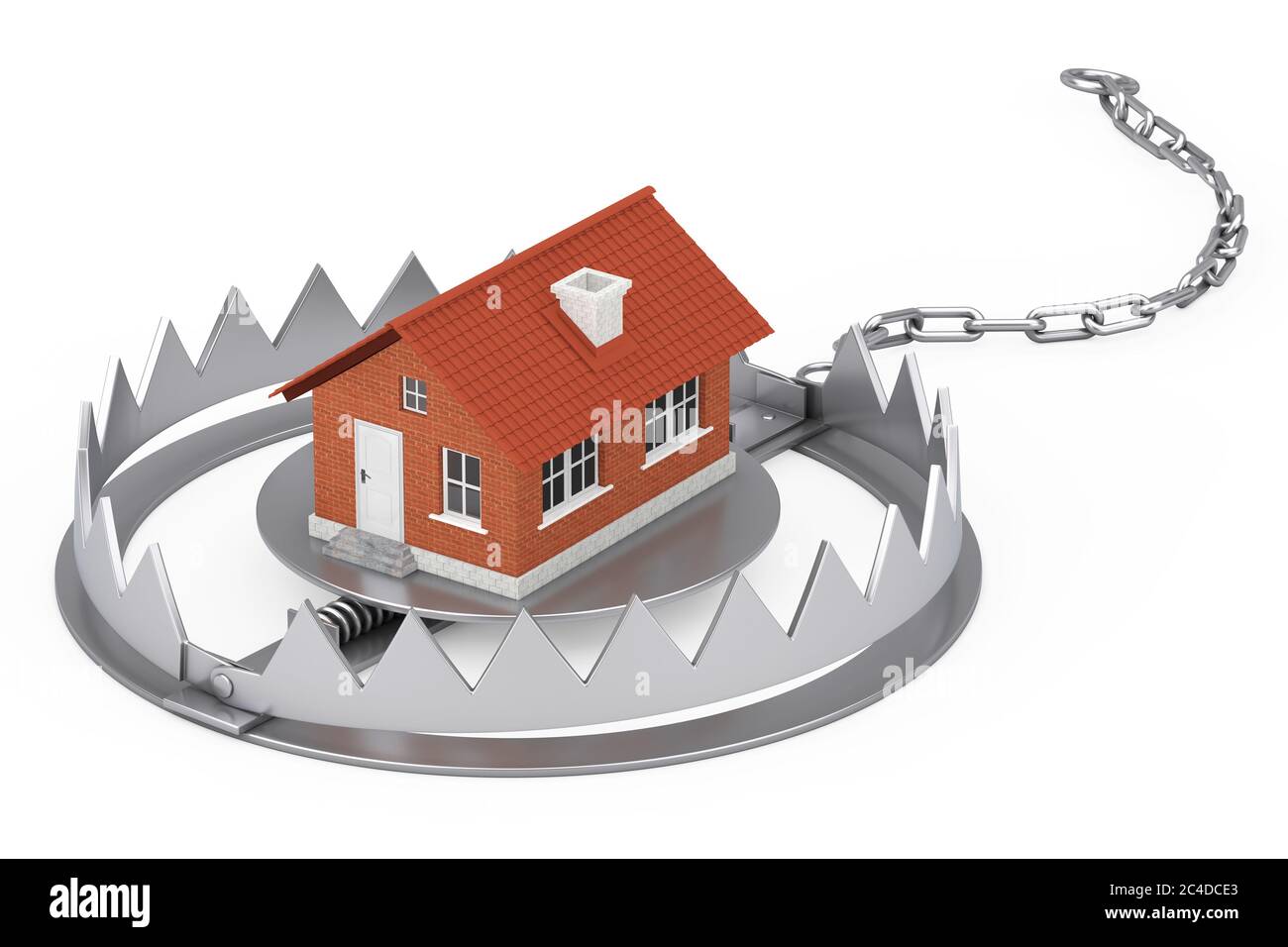 Metal Bear Trap with Cottage House Building on a white background. 3d ...