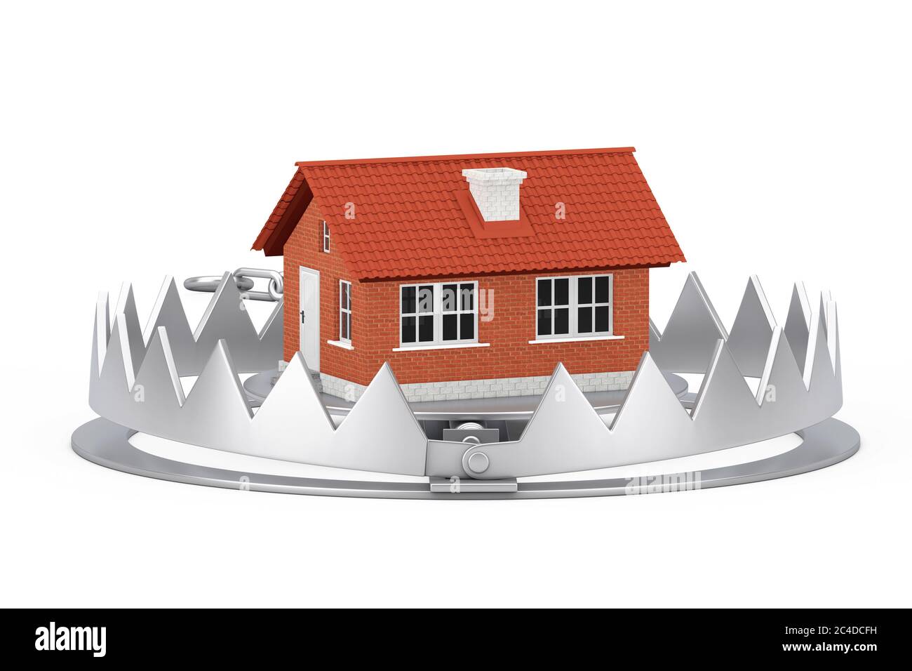 Metal Bear Trap with Cottage House Building on a white background. 3d ...