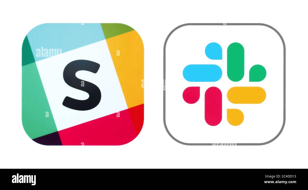 Kiev, Ukraine - November 02, 2019: Old and New icons of Slack app, printed on white paper. Slack is a cloud-based proprietary instant messaging platfo Stock Photo