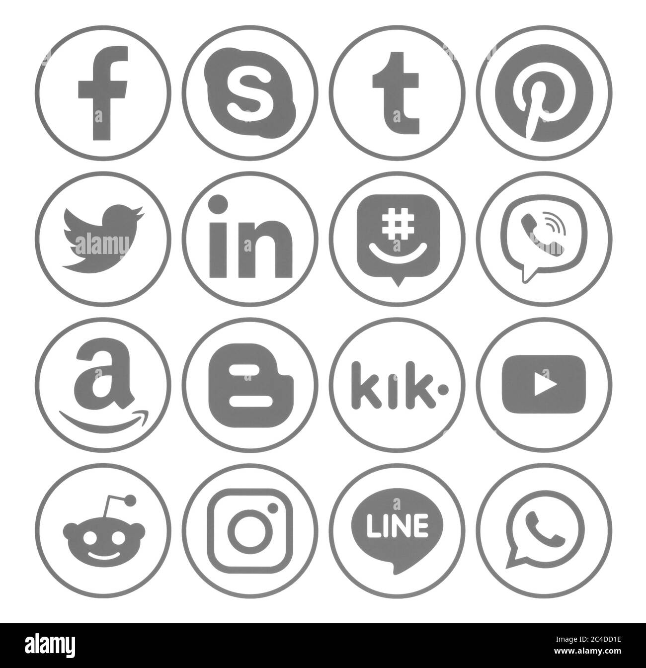 Kiev, Ukraine - November 02, 2019: Collection of popular round gray social media icons with rim, printed on white paper: Facebook, Twitter, Instagram, Stock Photo