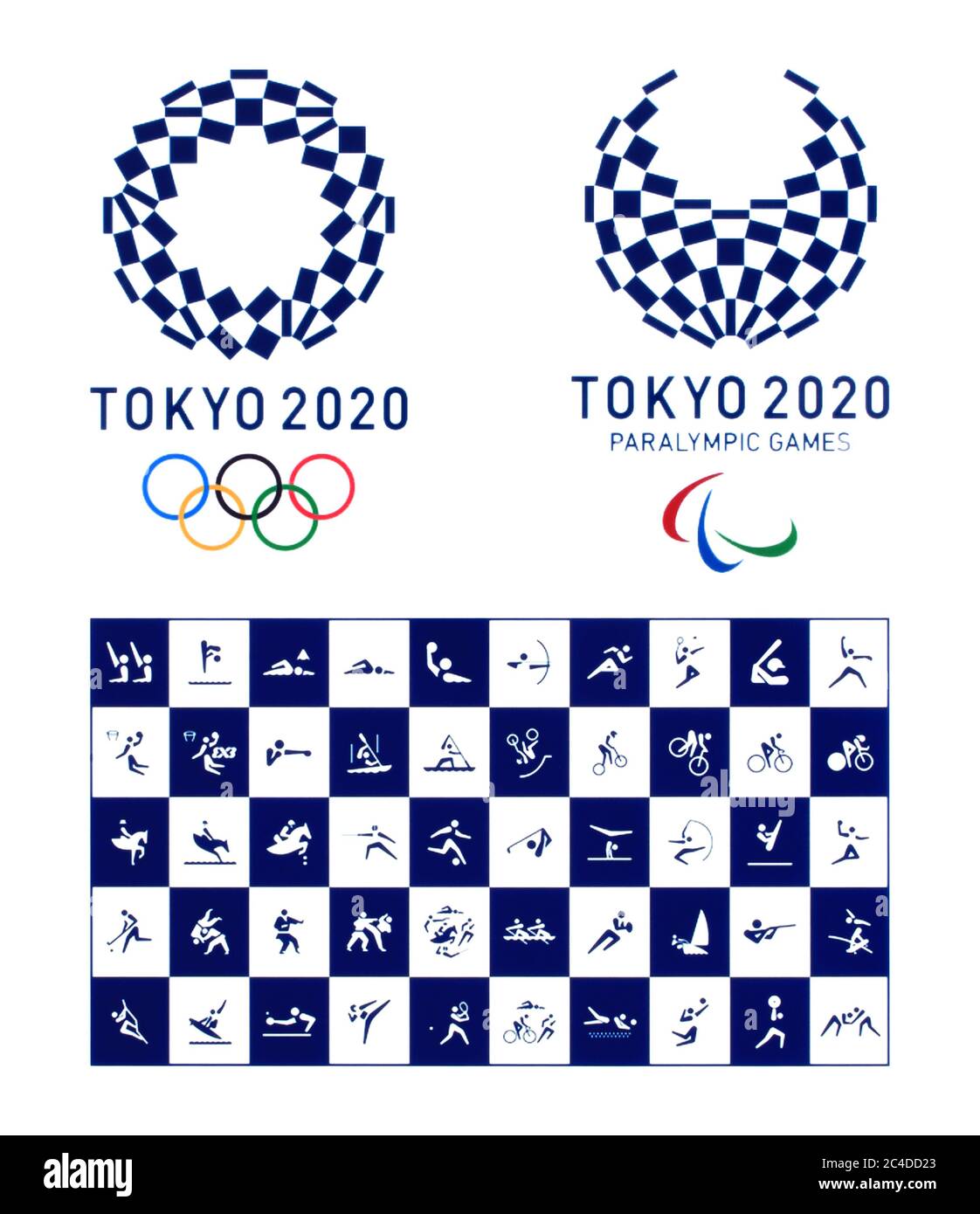 Kiev, Ukraine - October 04, 2019: Official logo of the 2020 Summer Olympic Games with official icons of kinds of sport in Tokyo, Japan, from July 24 t Stock Photo