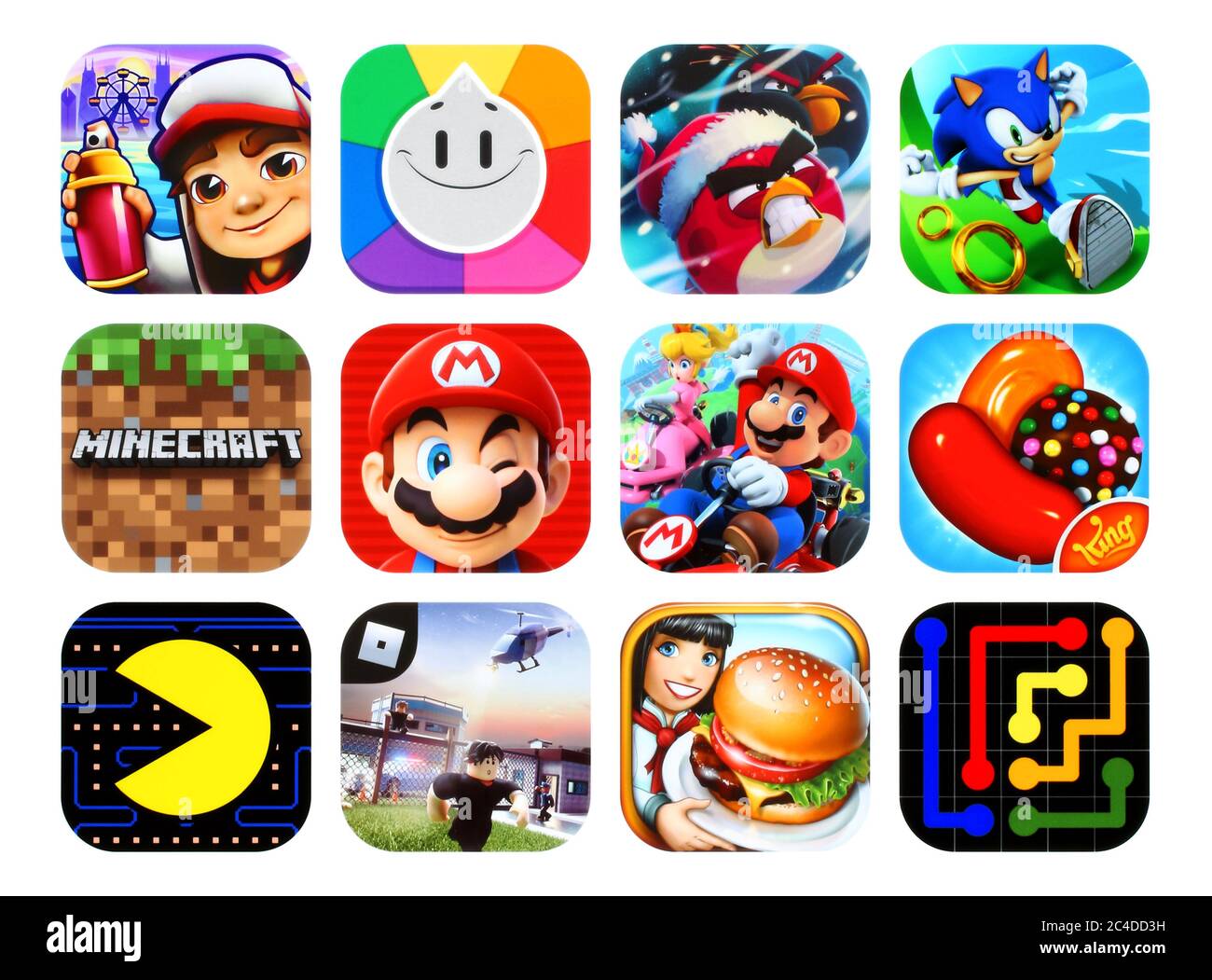 Kiev, Ukraine - February 23, 2020: Icons collection of the popular mobile video games, such as: Subway Surfers, Trivia Crack, Angry Birds, Sonic Dash, Stock Photo