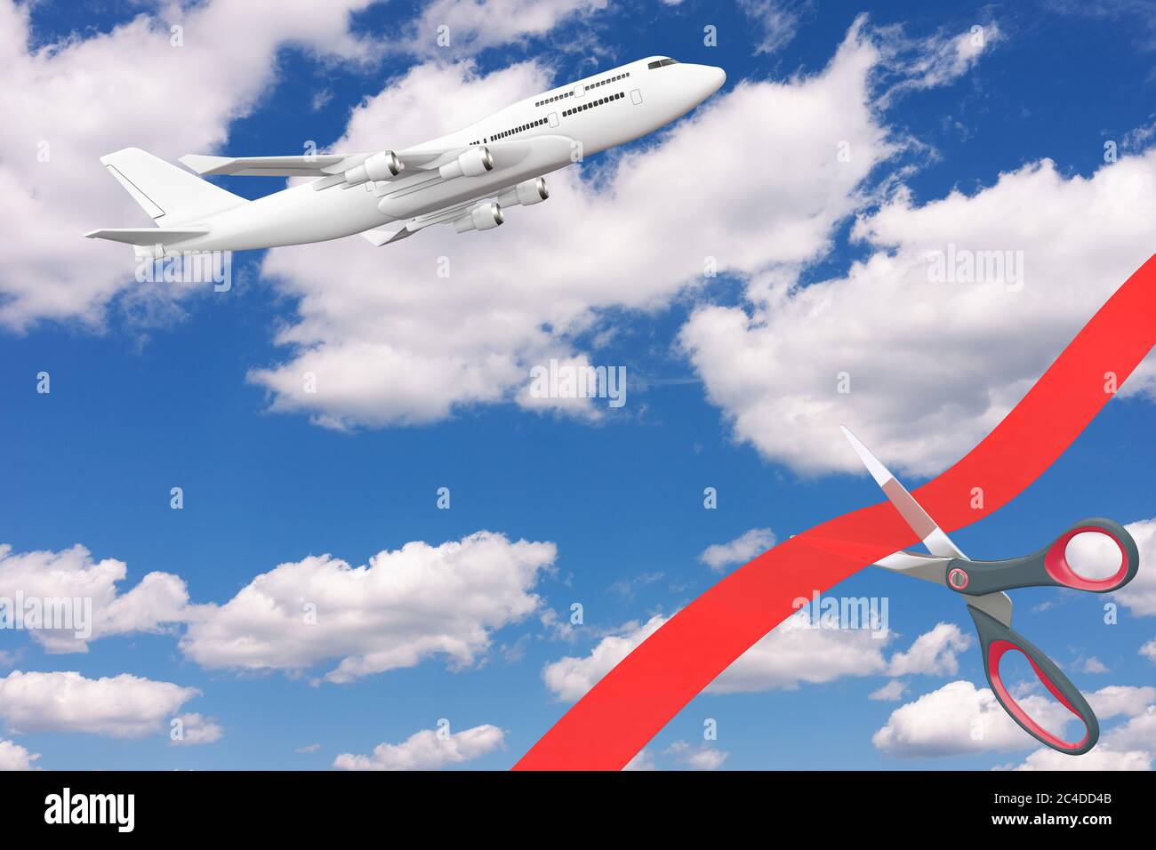 Opening Flights After COVID19 Quarantine Concept. Scissors Cutting Red