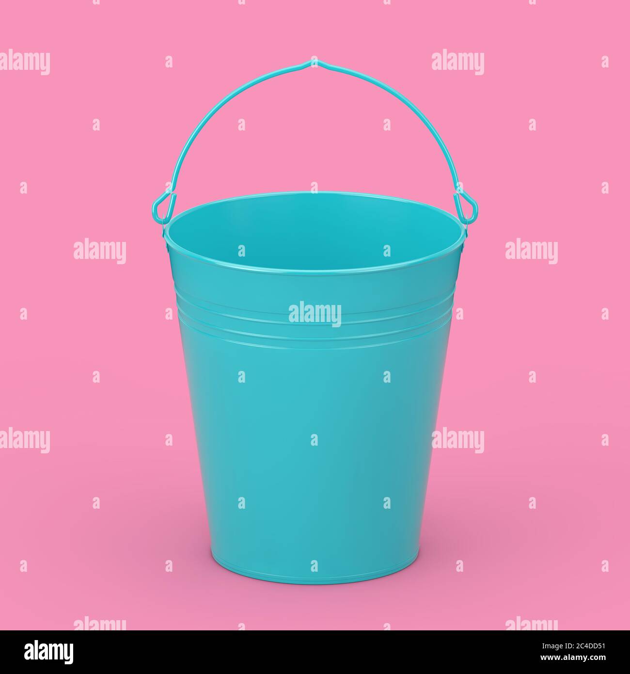 Empty Blue Bucket with Handle in Duotone Style on a pink background. 3d