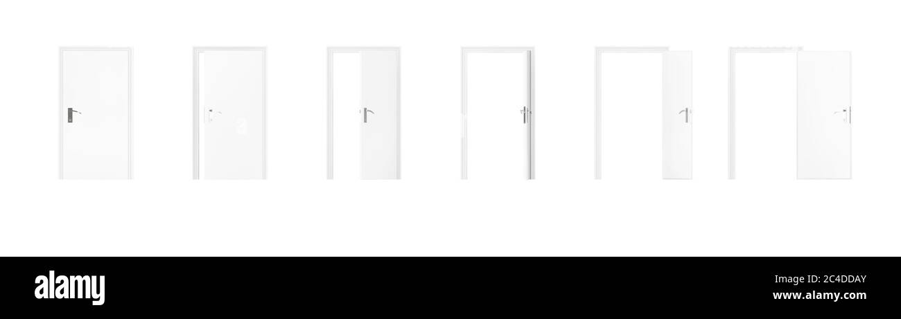 Set of White Room Door in Different Views from Closed to Opened on a white background. 3d Rendering Stock Photo