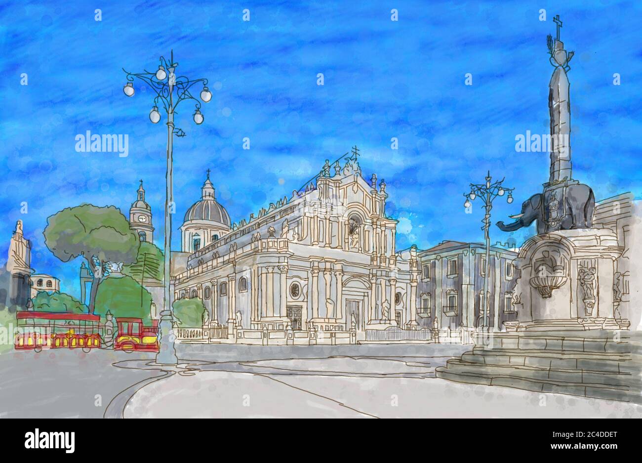 Painting of Piazza del Duomo in Catania with Cathedral of Santa Agatha in  Catania in Sicily, Italy. (Made with a tablet device Stock Photo - Alamy