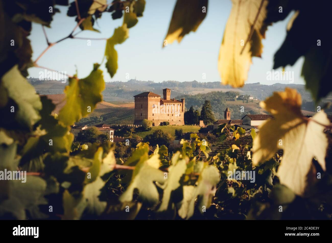 Sunset in autumn, during harvest time, at the castle of Grinzane Cavour, surrounded by the vineyards of Langhe, the most importan wine district of Ita Stock Photo