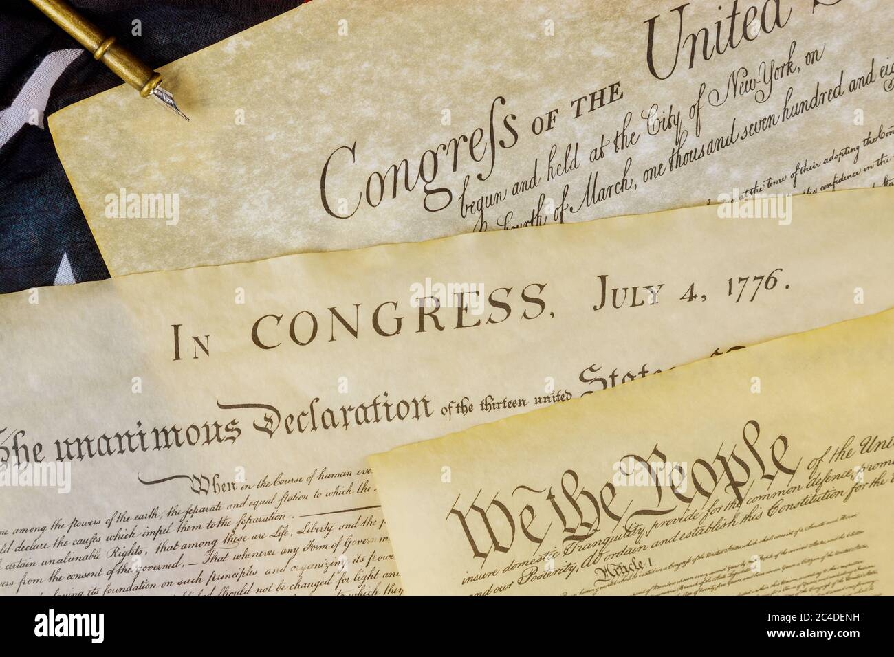 Declaration of Independence U.S. document of American constitution We the people with USA Flag. Stock Photo