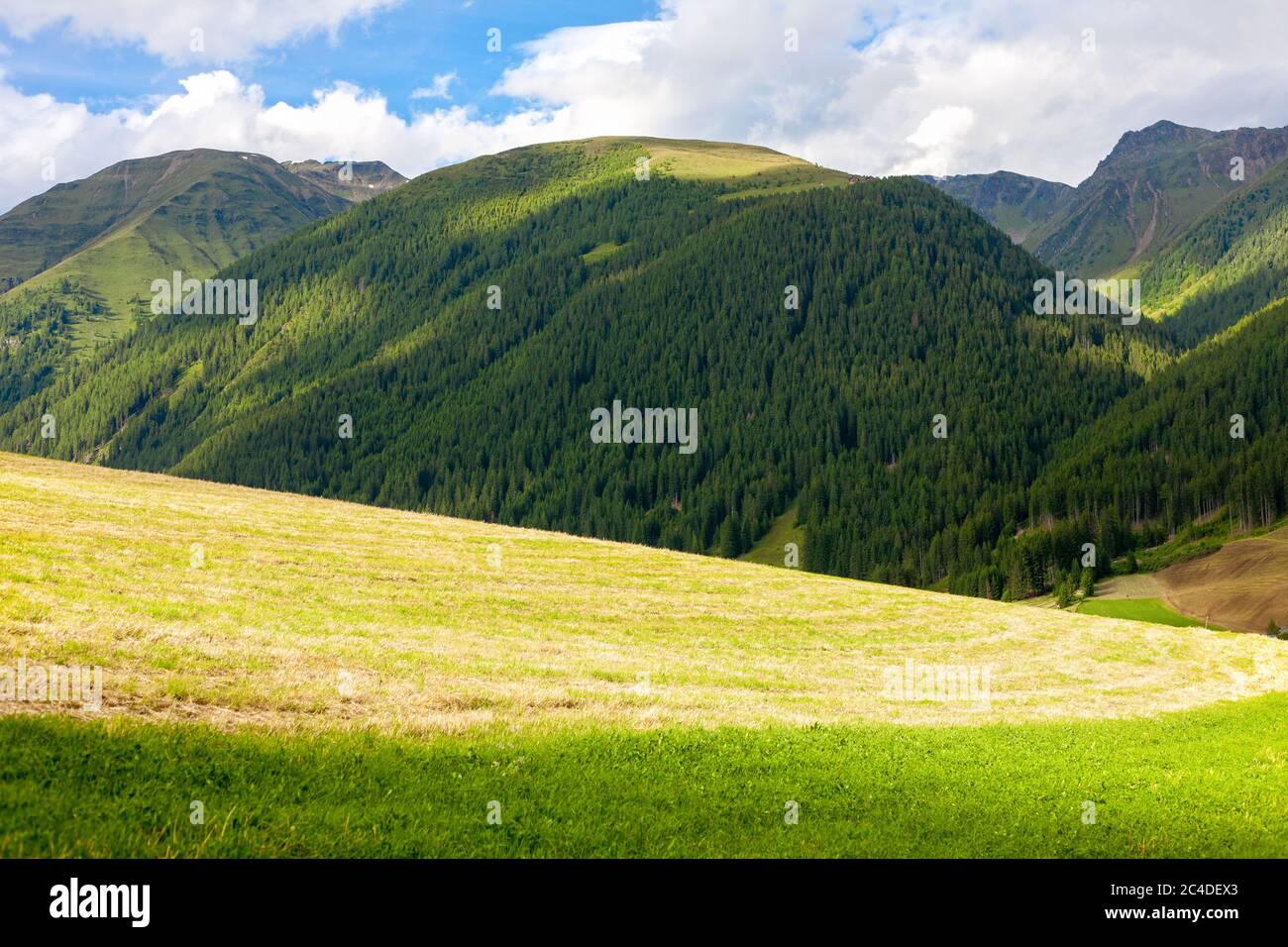 Mountains and meadows at Santa Maddalena Valley in the Dolomites, Italy ...