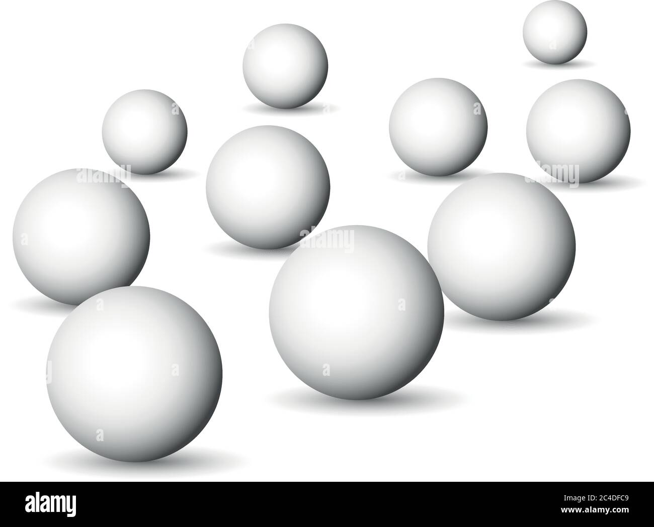 Group of white spheres, balls or orbs. 3D vector objects with dropped shadow on white background. Stock Vector