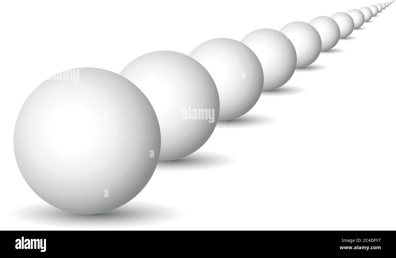 Endless row of white spheres, balls or orbs. 3D vector objects with dropped shadow on white background. Stock Vector