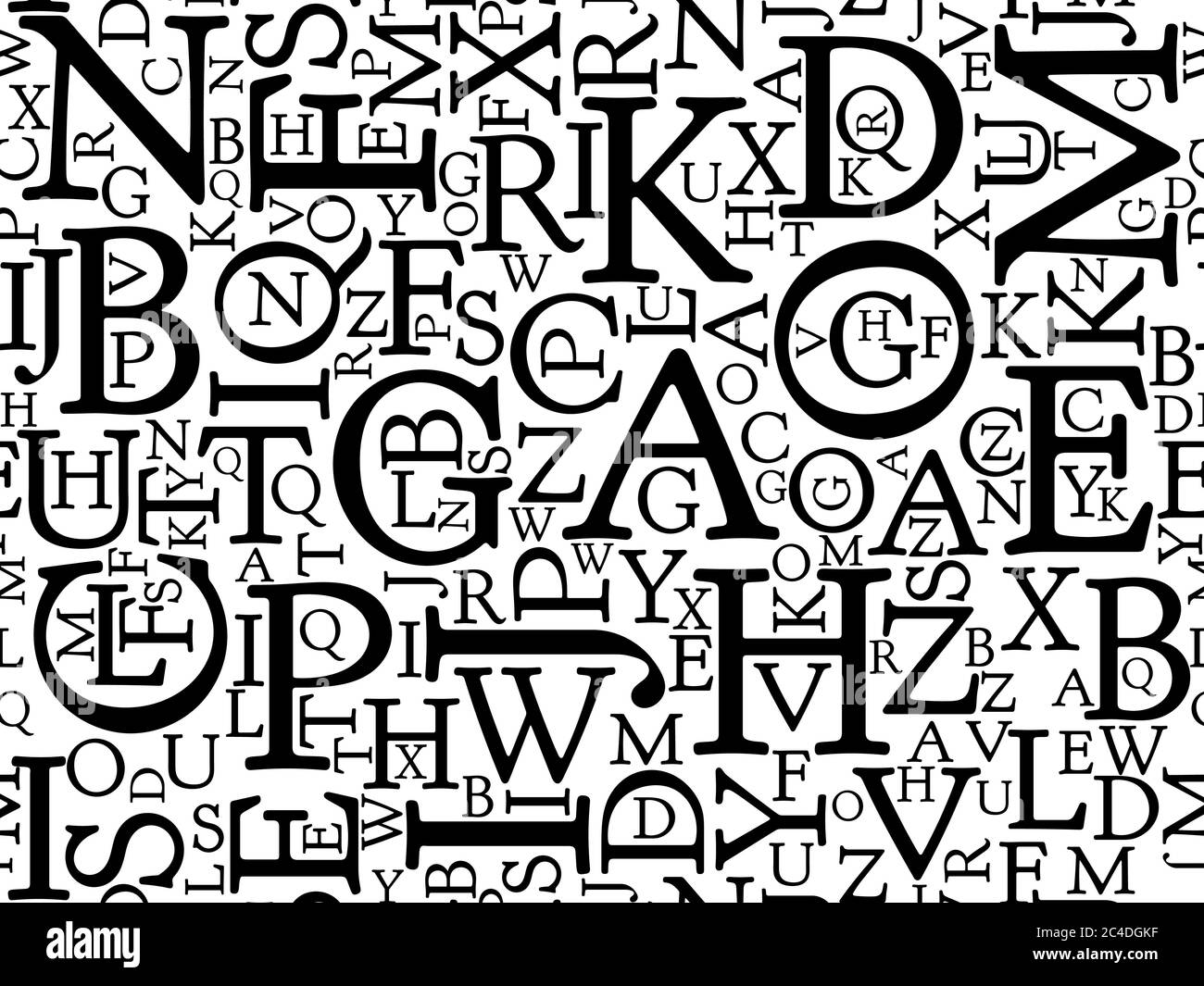 Seamless background pattern mosaic of black letters on white background. Simple flat vector