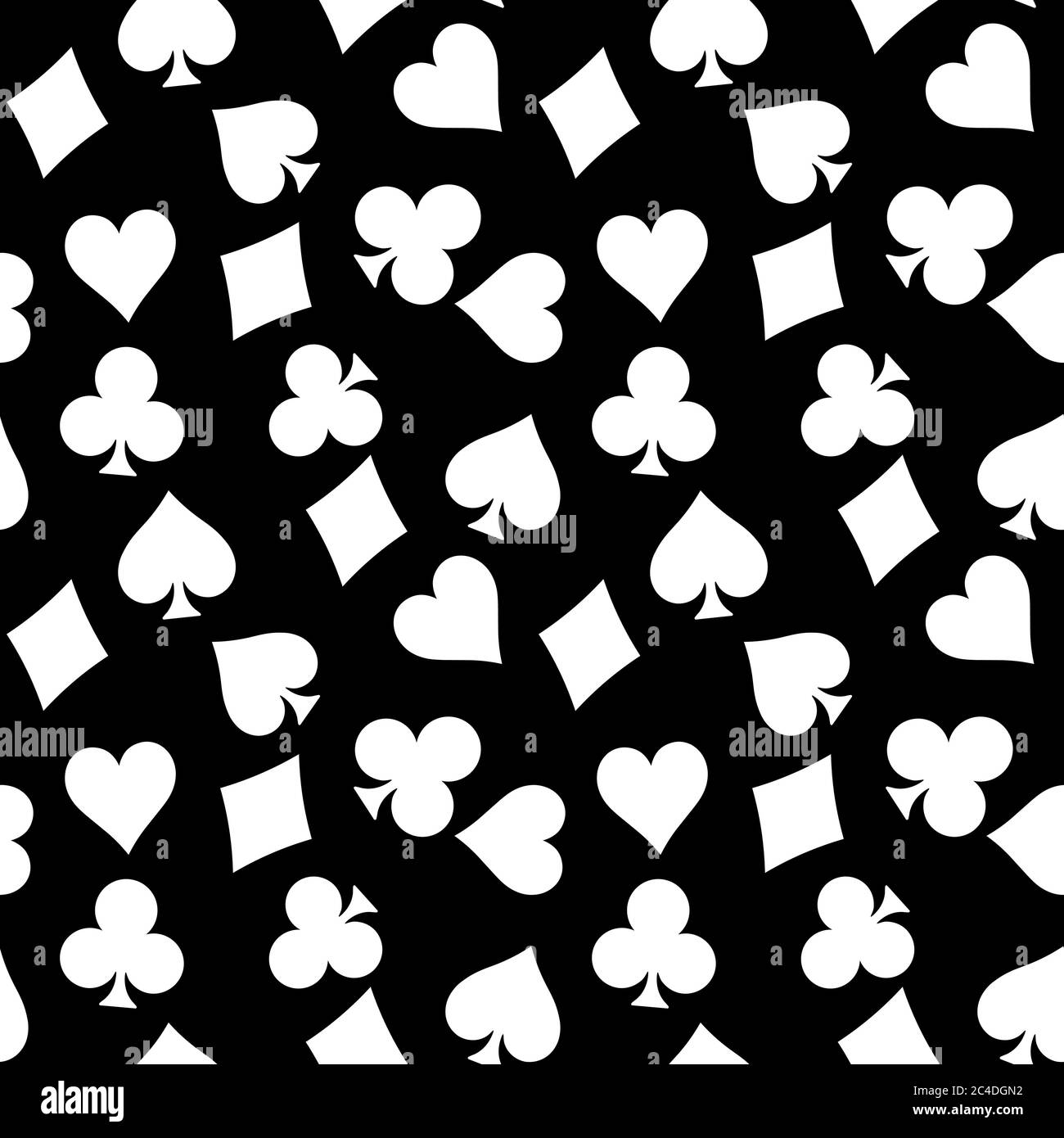 Seamless pattern background of white poker suits - hearts, clubs, spades and diamonds - on black background. Casino gambling theme vector illustration. Stock Vector