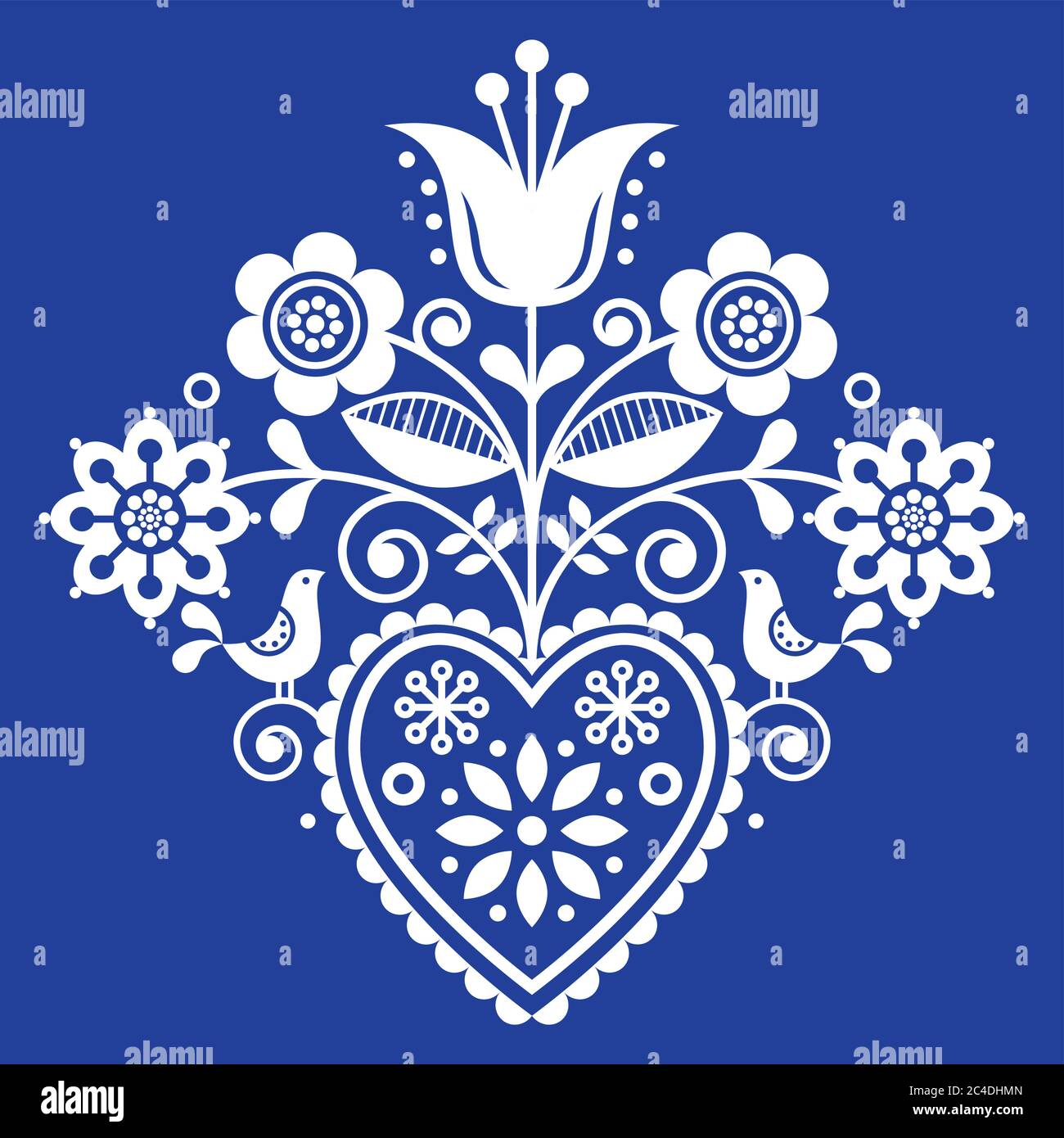 Scandinavian retro folk art floral, vector design in white on navy blue, Nordic pattern with birds and flowers Stock Vector