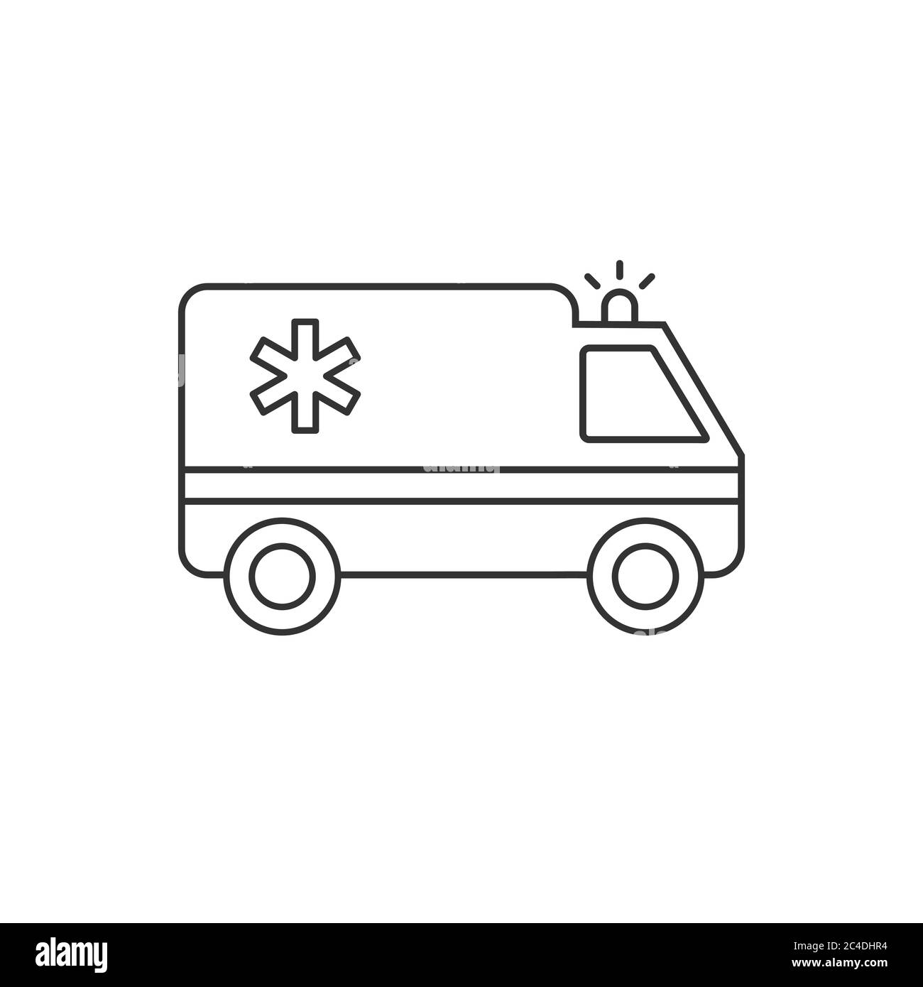 Ambulance line icon. Medical transportation vehicle. Urgent response, rescue and evacuation concept. Black outline on white background. Vector flat. Stock Vector