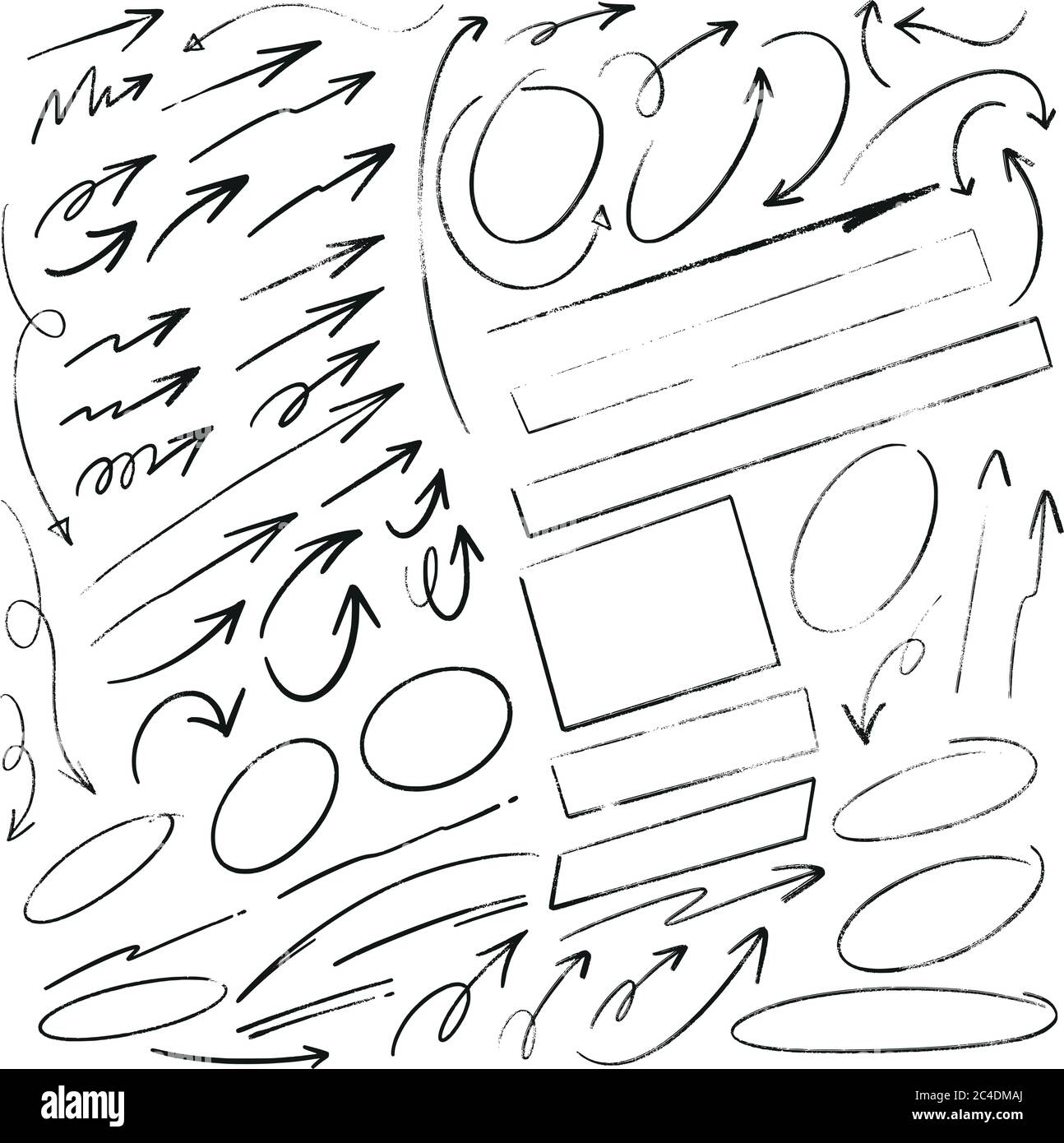 Hand drawn arrows circles and rectangles abstract doodle writing design set Stock Vector