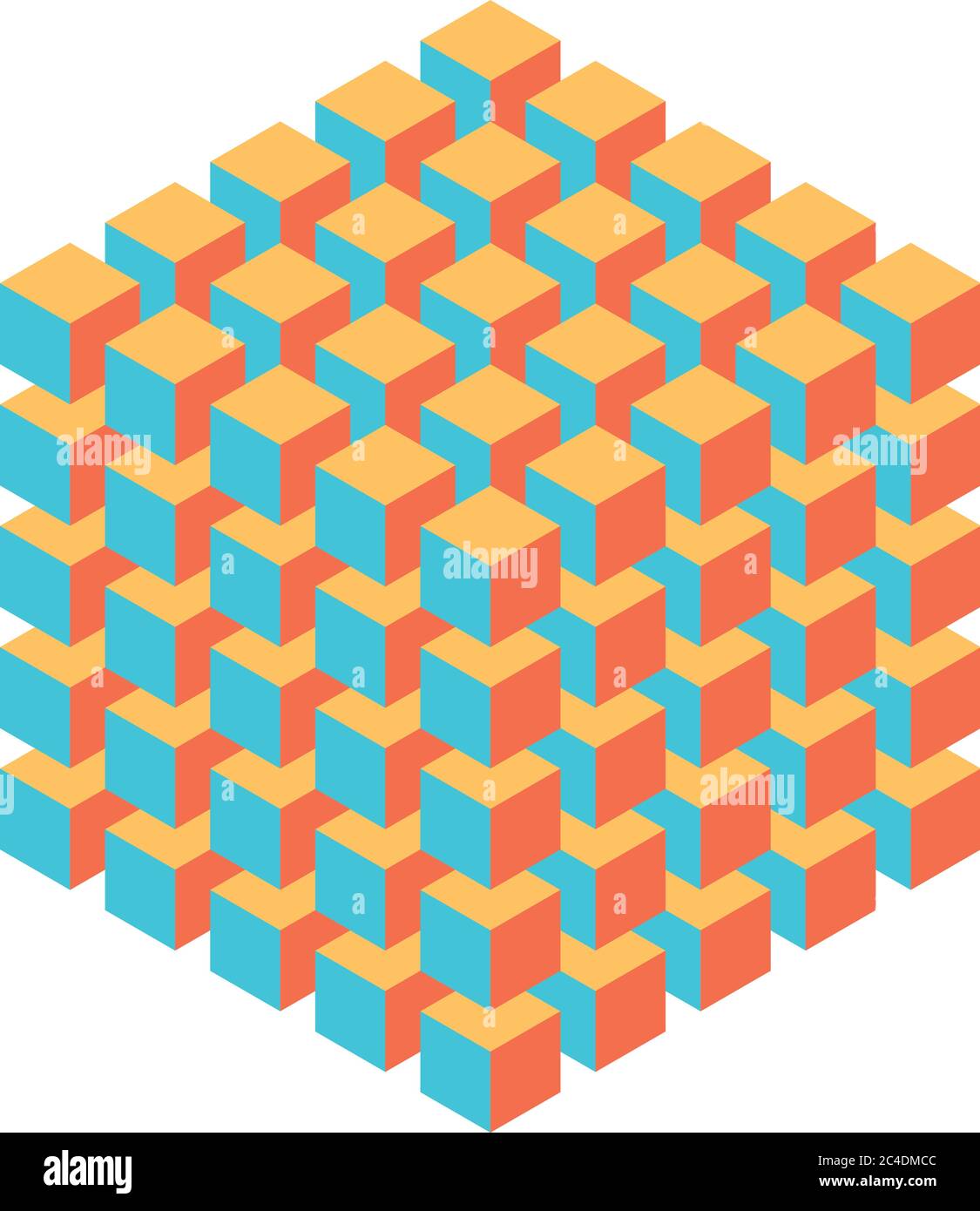 Geometric cube of smaller isometric cubes. Abstract design element. Science or construction concept. 3D vector object. Stock Vector