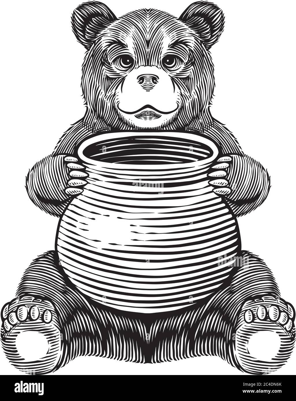 Bear holding the honey jar. Vintage line drawing engraving illustration